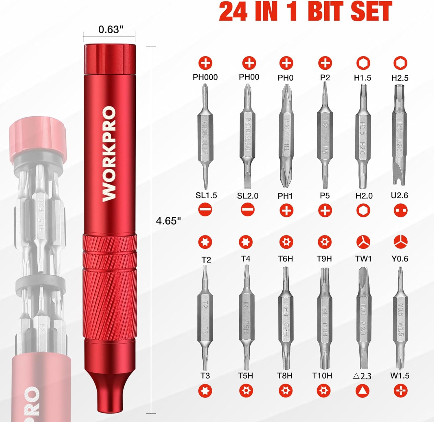 Red 24-in-1 bit mini screwdriver with assorted metal screwdriver bits