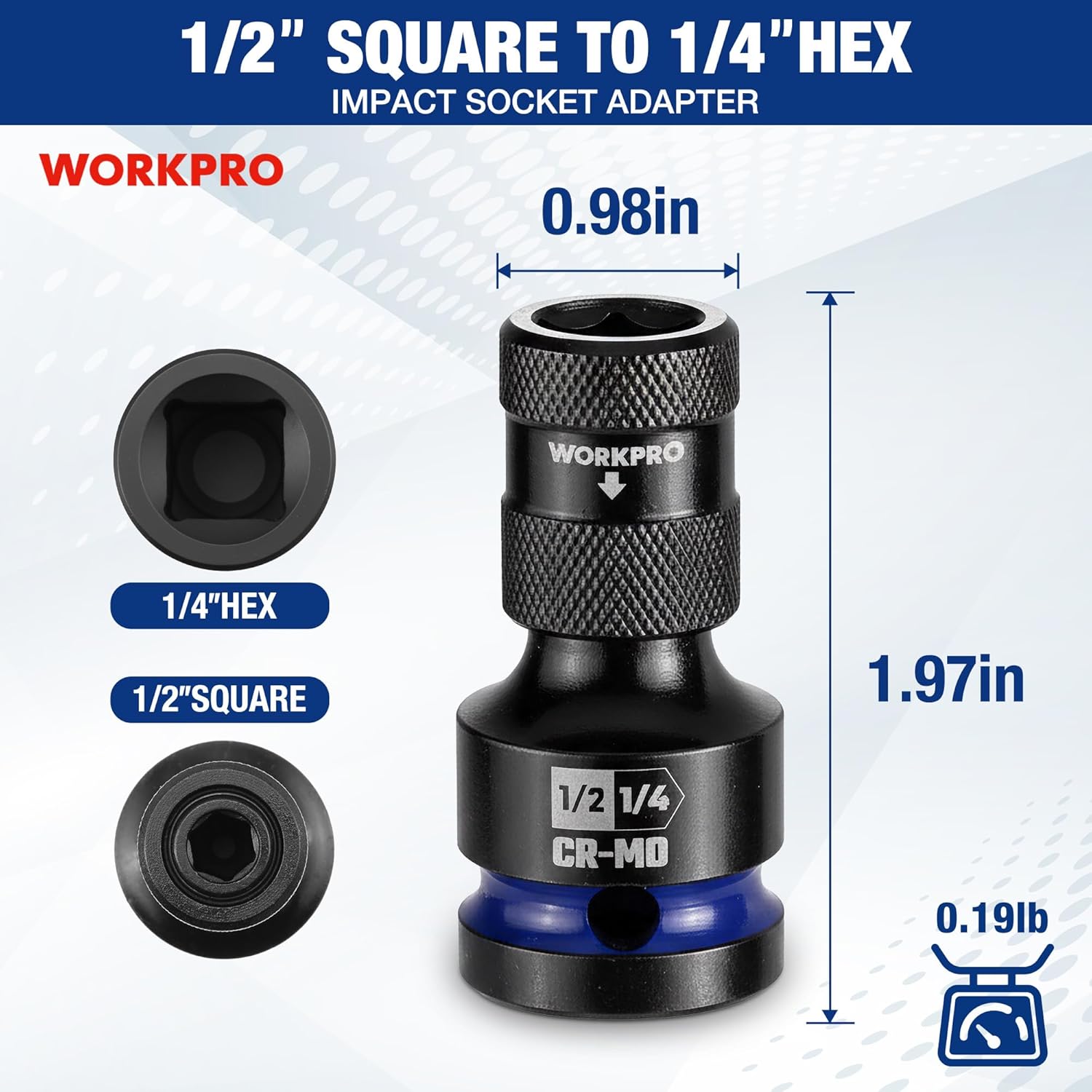 Black 1/2 in square to 1/4 in hex impact socket adapter, knurled CR-MO steel