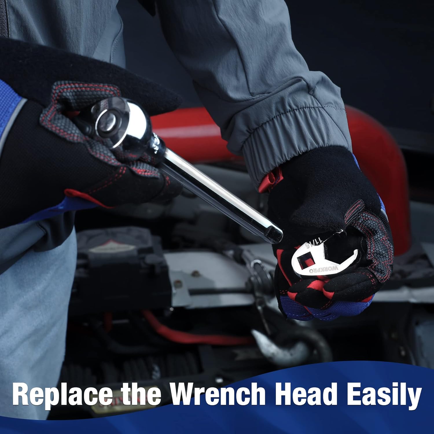 Interchangeable 3/8-in drive crowfoot flare nut wrench head in gloved hand