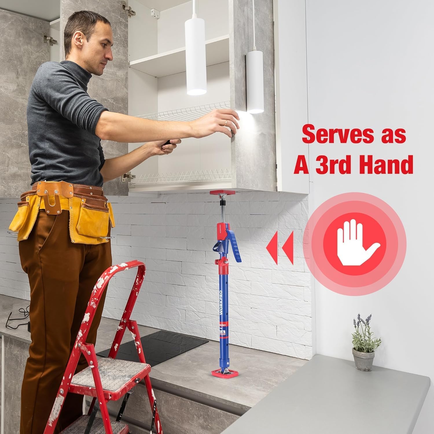 Steel telescopic support pole propping a shelf with a red top pad