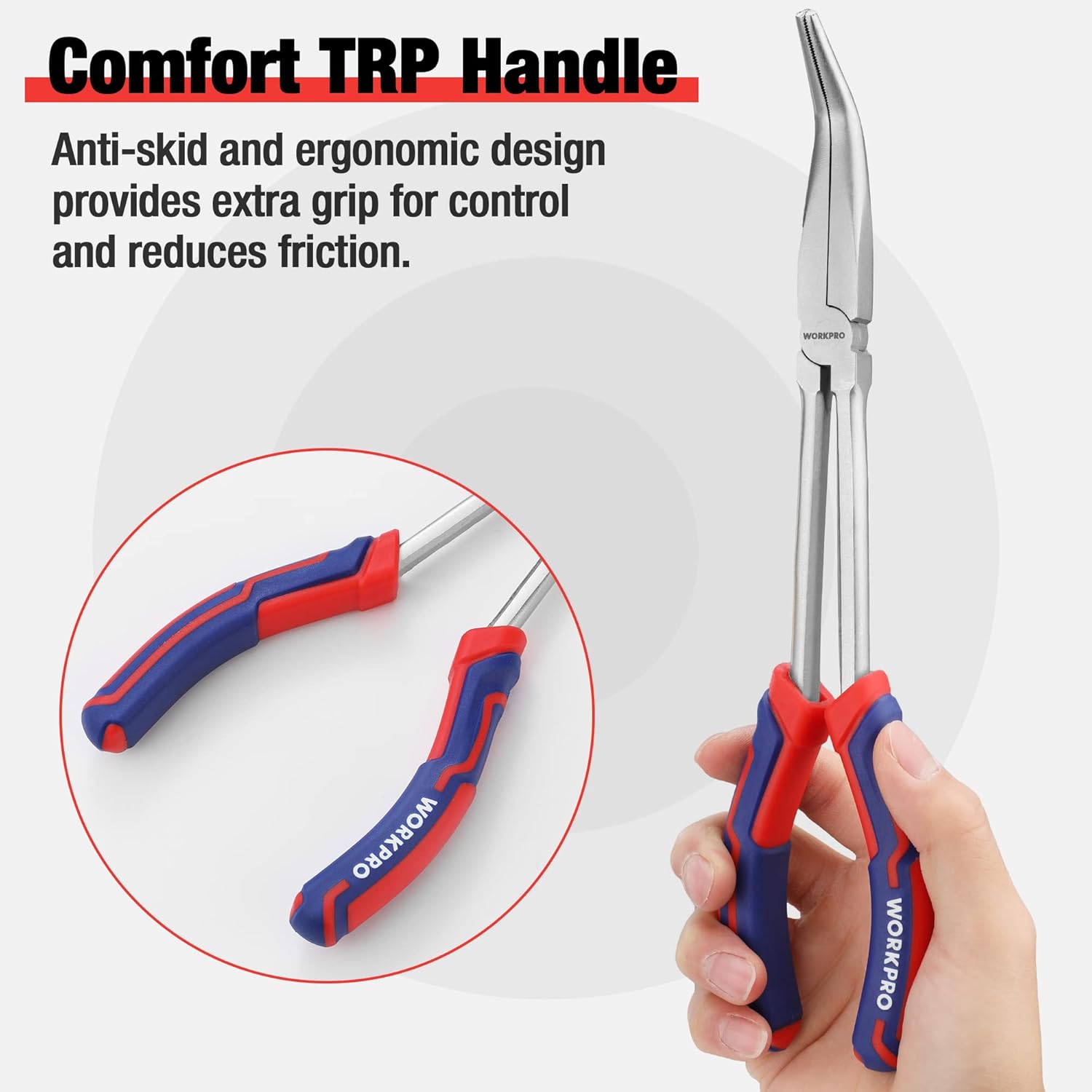 Ergonomic TPR anti-slip needle nose plier handles in blue with red grip accents