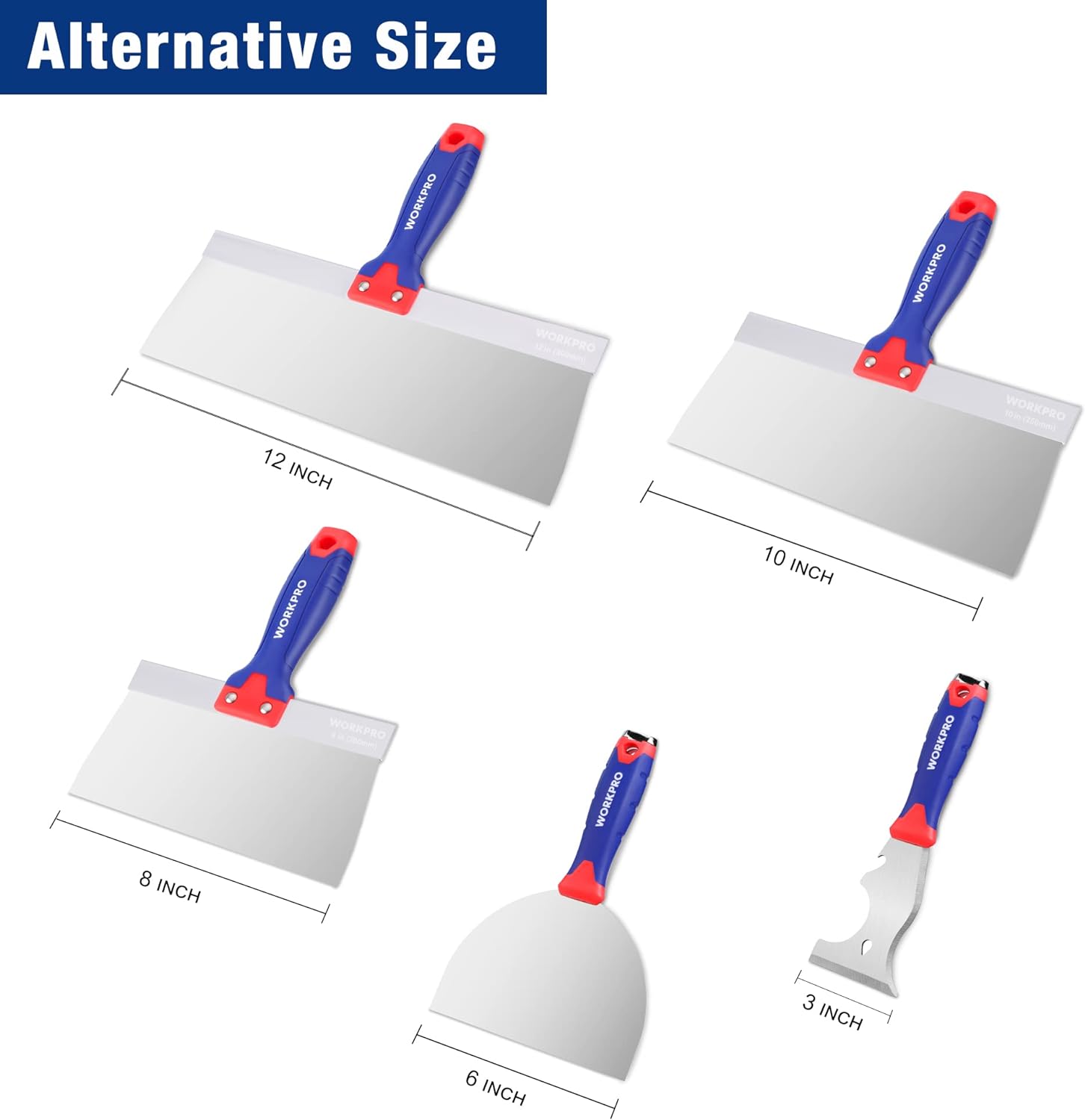 Multi-size putty knife and paint scraper set with blue handles and stainless blades