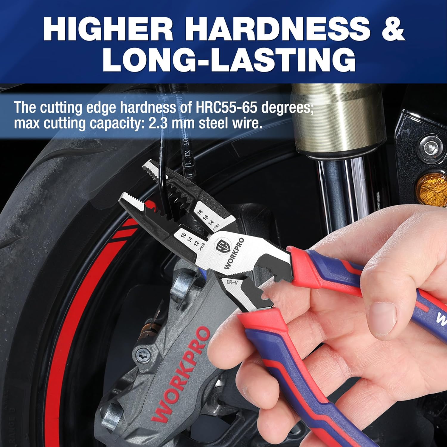 Combination lineman pliers cutting wire at the CRV steel head with red-and-blue grips