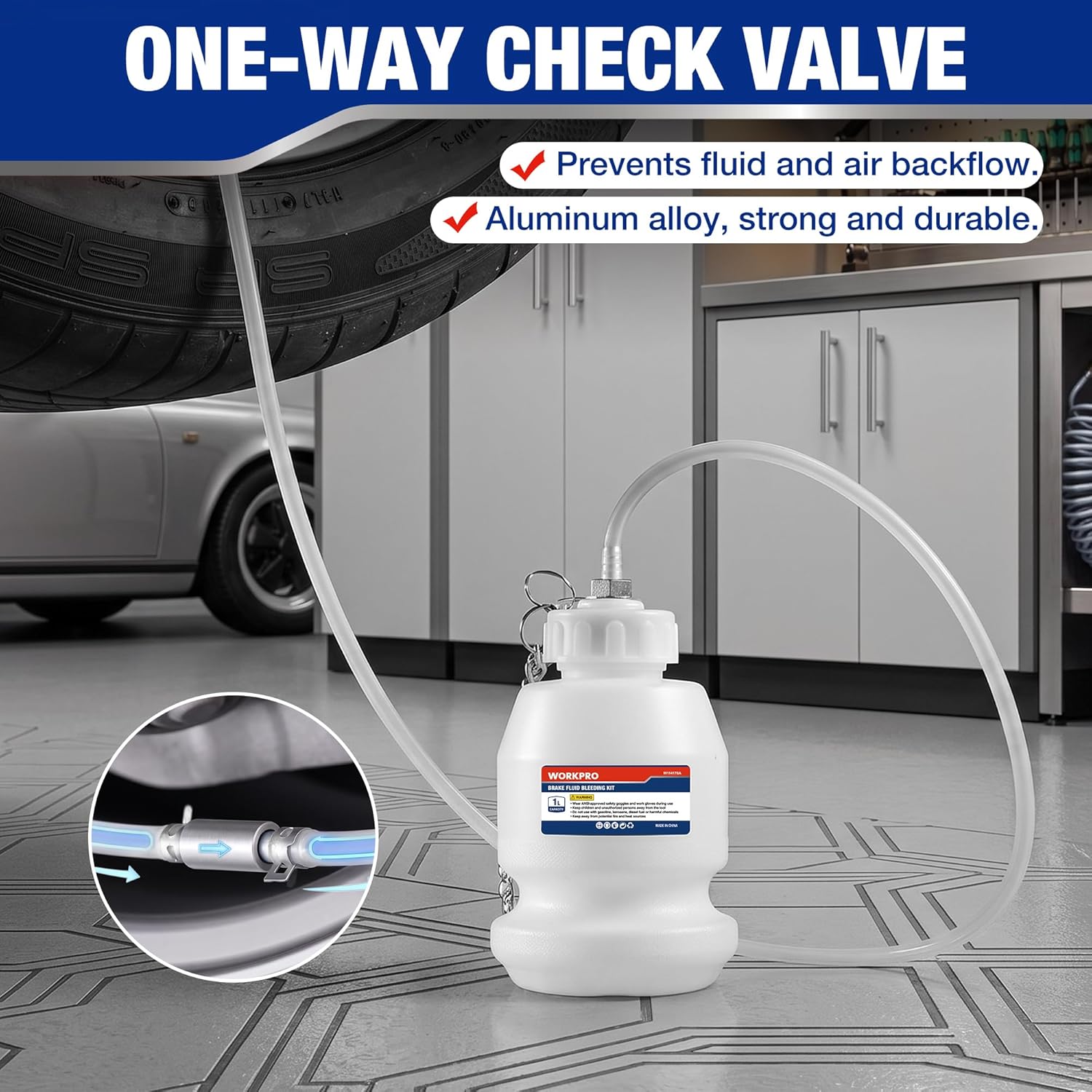 Brake bleeder reservoir bottle with clear hose and one-way check valve