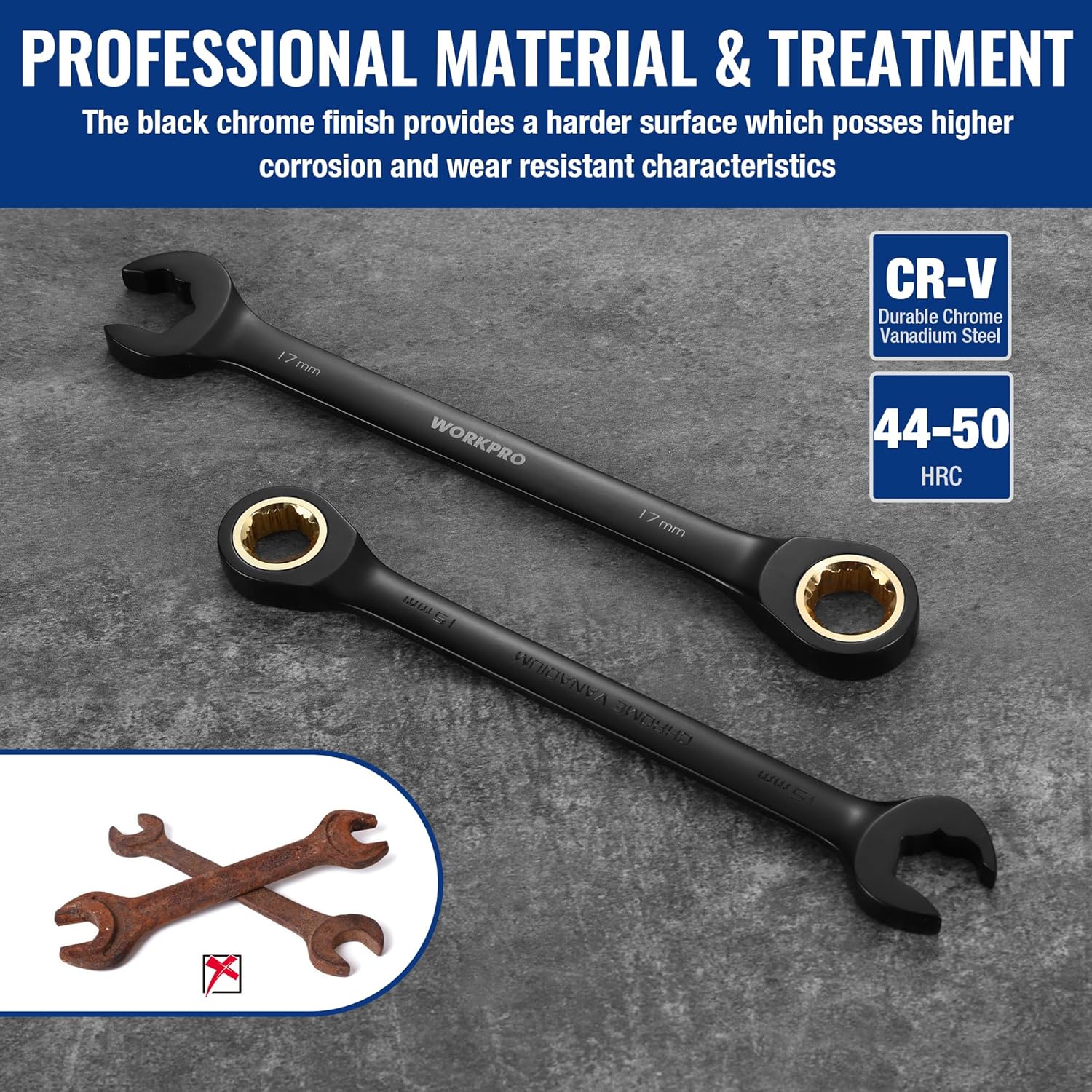 WORKPRO black CR-V chrome vanadium ratcheting combination wrench pair with gold sockets