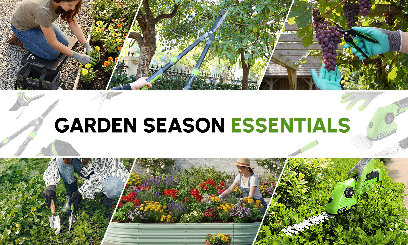 Garden tools and hands working among flowers, with innovation and quality shown on a seasonal essentials banner