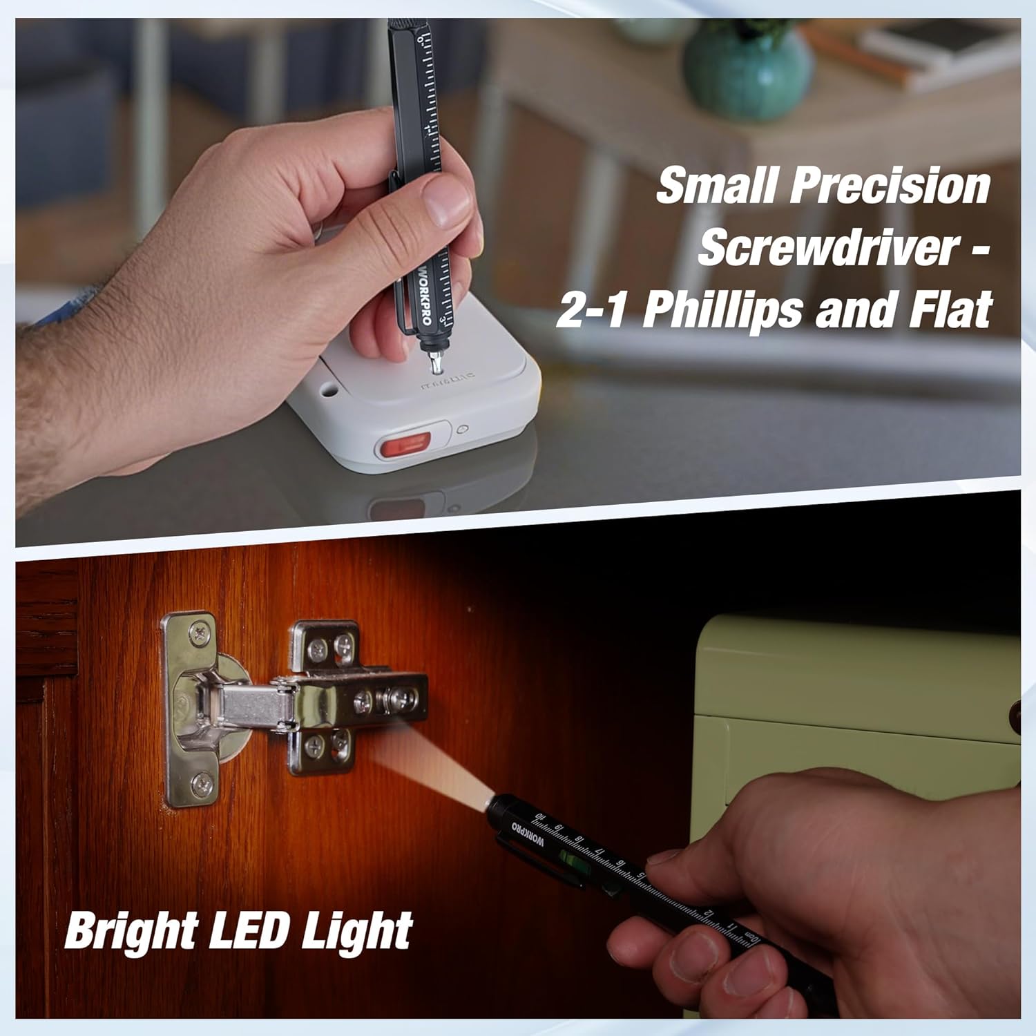 Black multi-tool pen with precision screwdriver bits and bright LED light