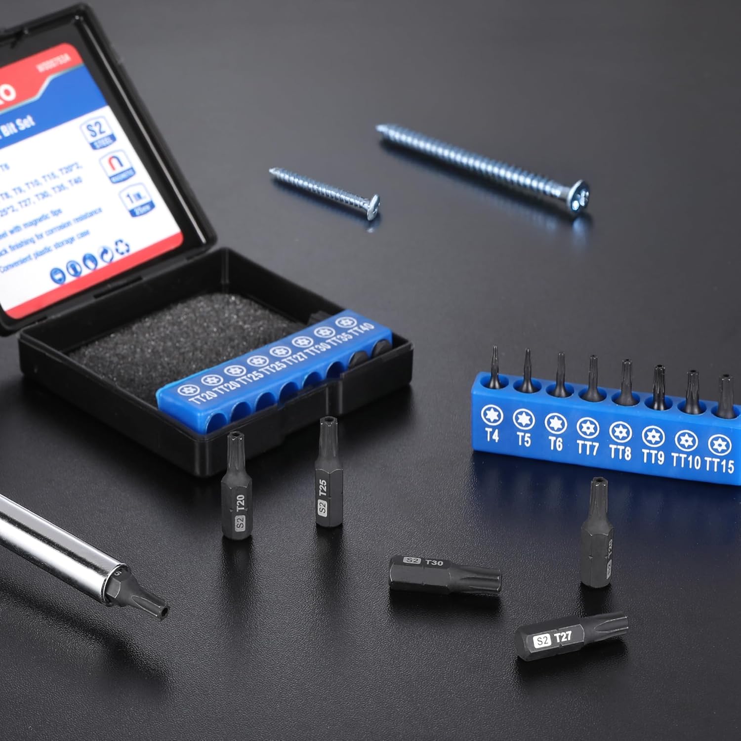 Opened bit set case with black S2 tamper-proof Torx bits and included screws