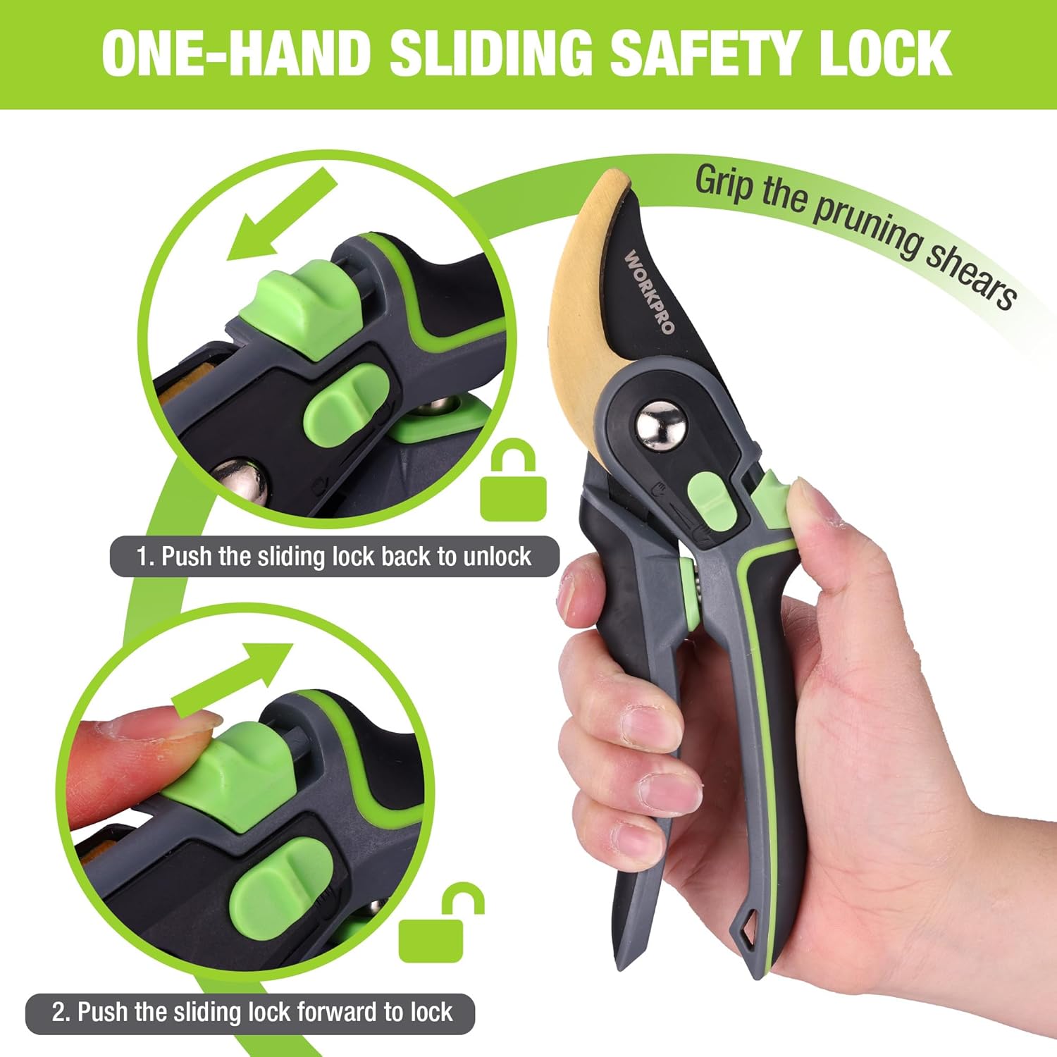 Pruning shears with black-and-green handle featuring one-hand sliding safety lock mechanism
