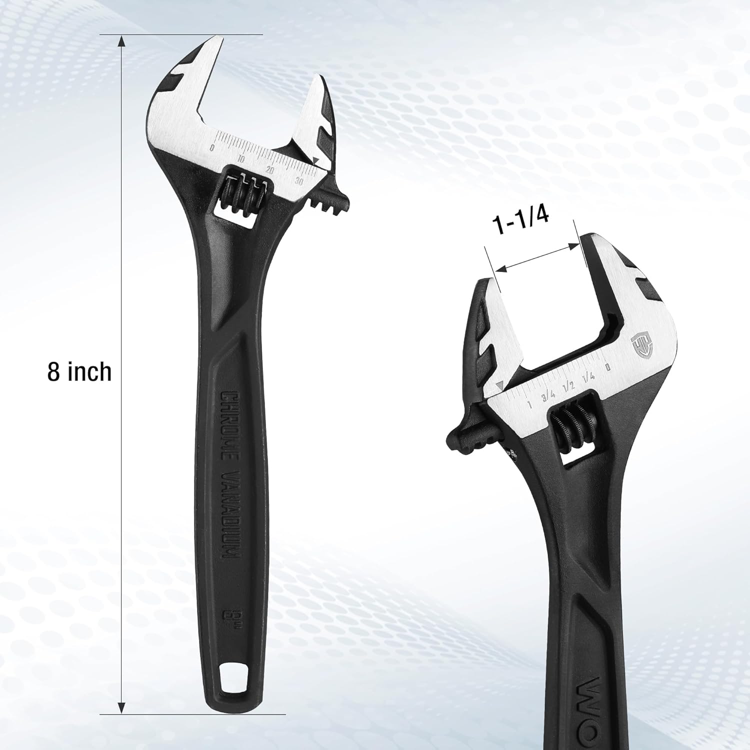 8-inch adjustable wrench with silver jaws and knurled setting wheel