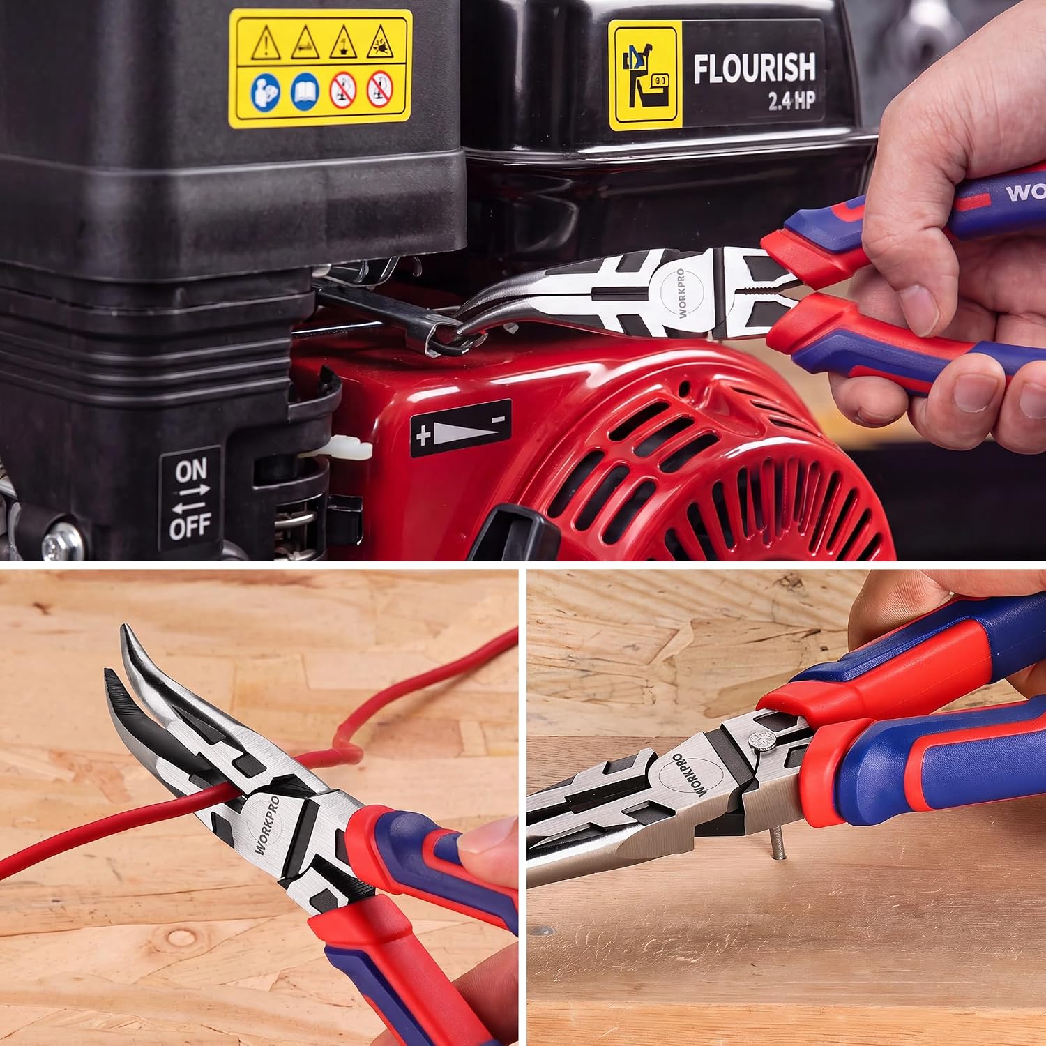 Bent needle-nose pliers cutting wire with red and blue soft-grip handles