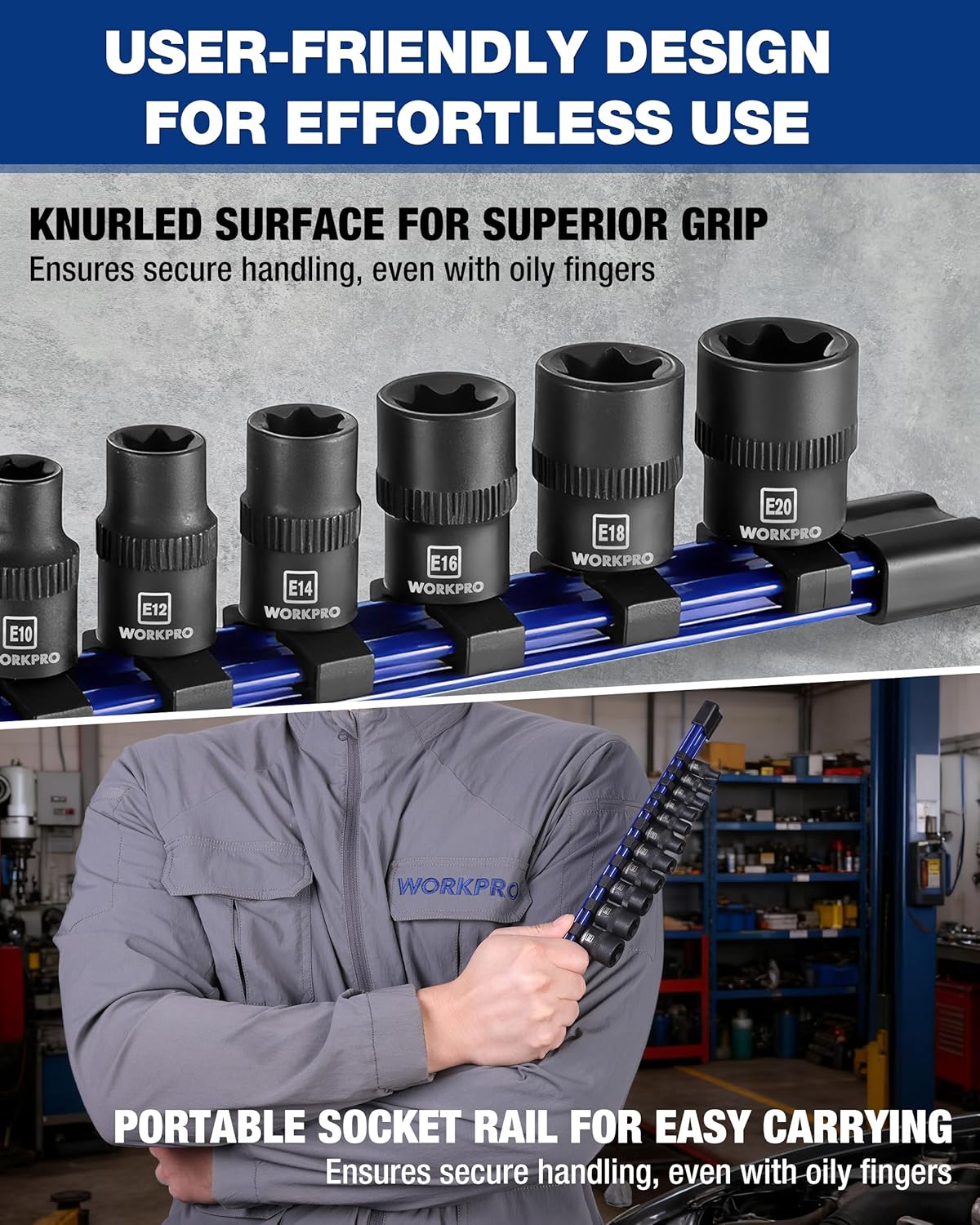 Knurled grip E-Torx sockets on portable blue rail for easy carrying