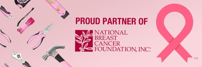 Pink ribbon and tools on a banner reading Proud Partner of National Breast Cancer Foundation, Inc.