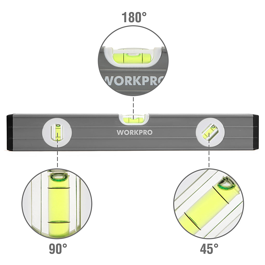 WORKPRO Torpedo Level, 3-Piece Spirit Level Set, 9"(Magnetic), 16", 24", Bubbles Measuring