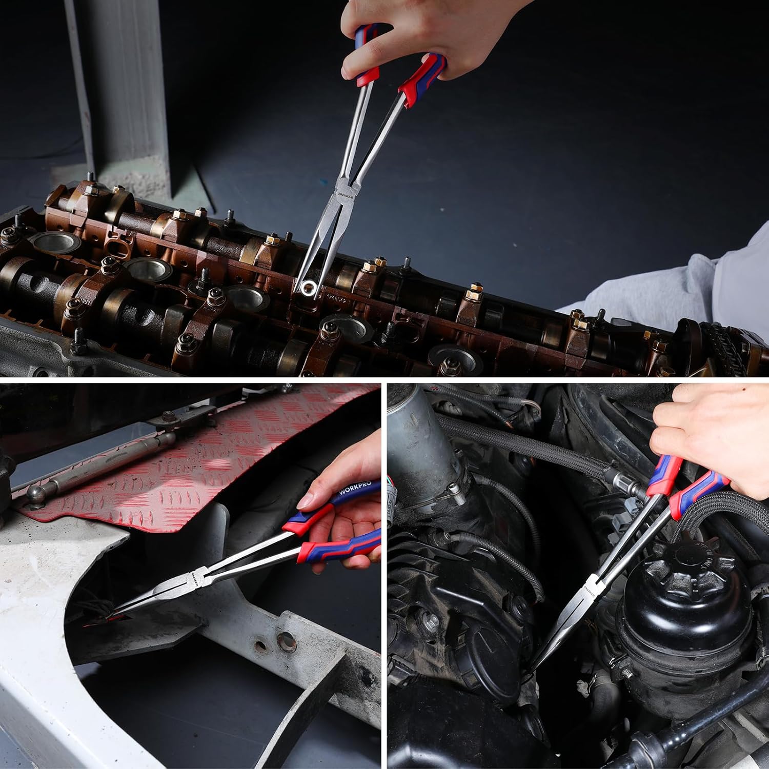 Needle nose pliers being used on tight automotive engine components