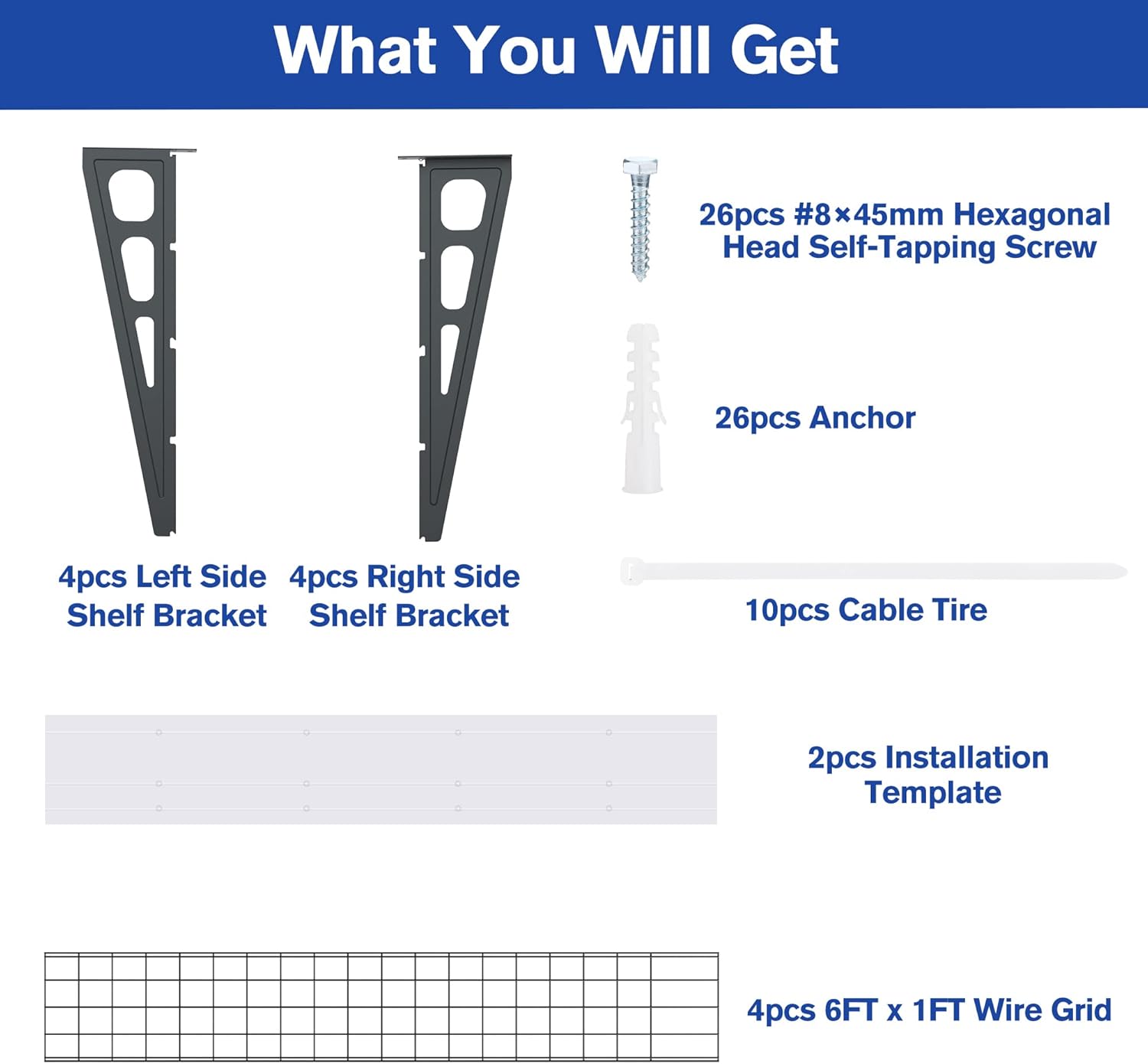 Wall shelving hardware set: L-brackets, self-tapping screws, anchors, cable ties, template.