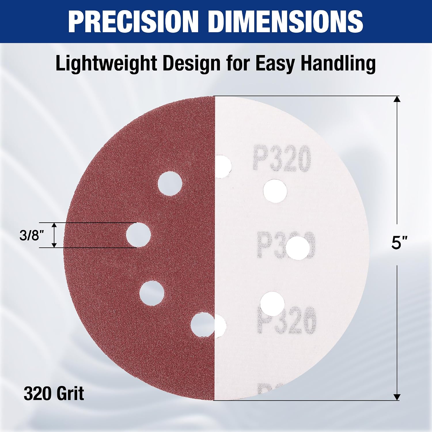Maroon and white 5-inch sanding disc pair with 8-hole layout, marked P320