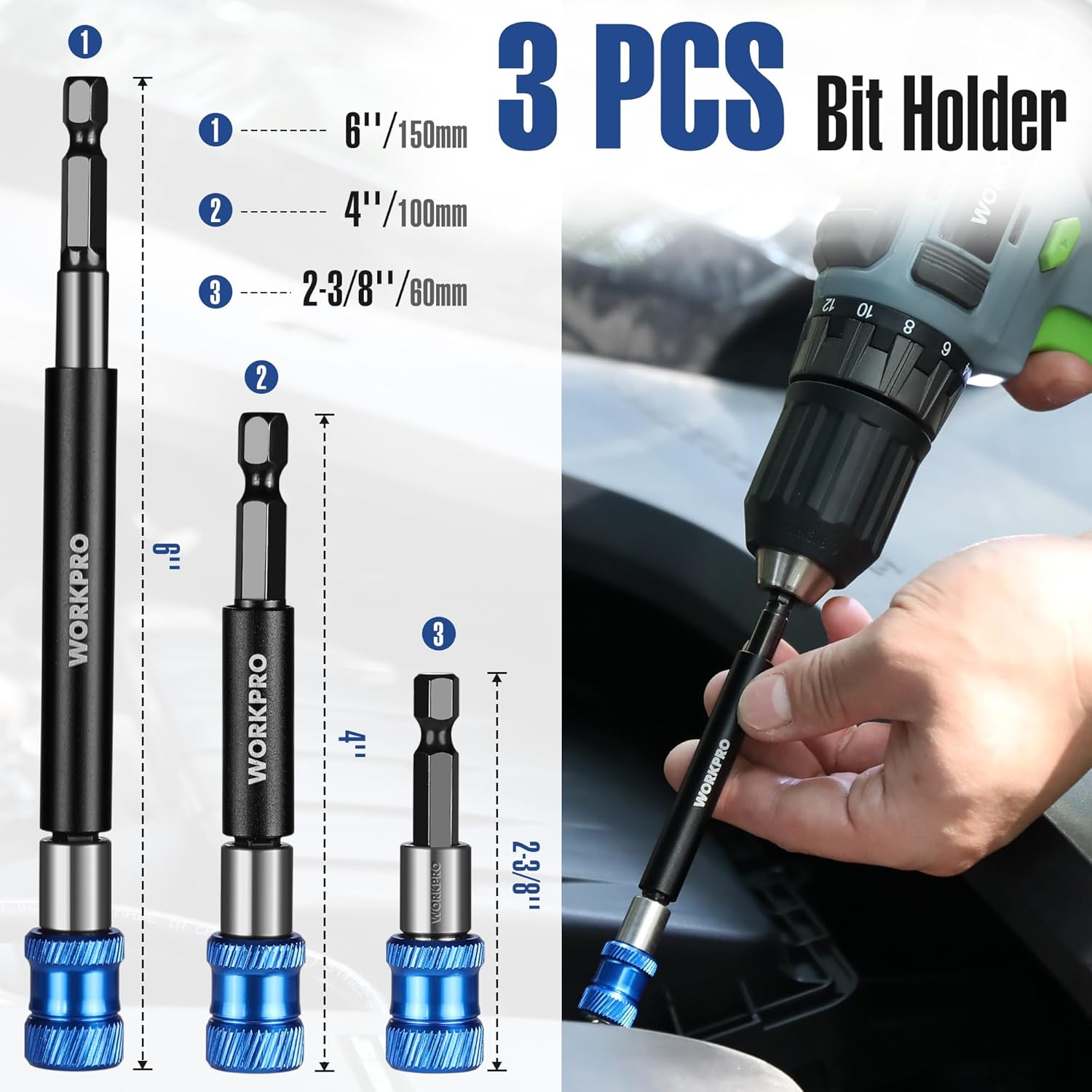 Set of three black drill bit holder extenders with blue aluminum sleeves