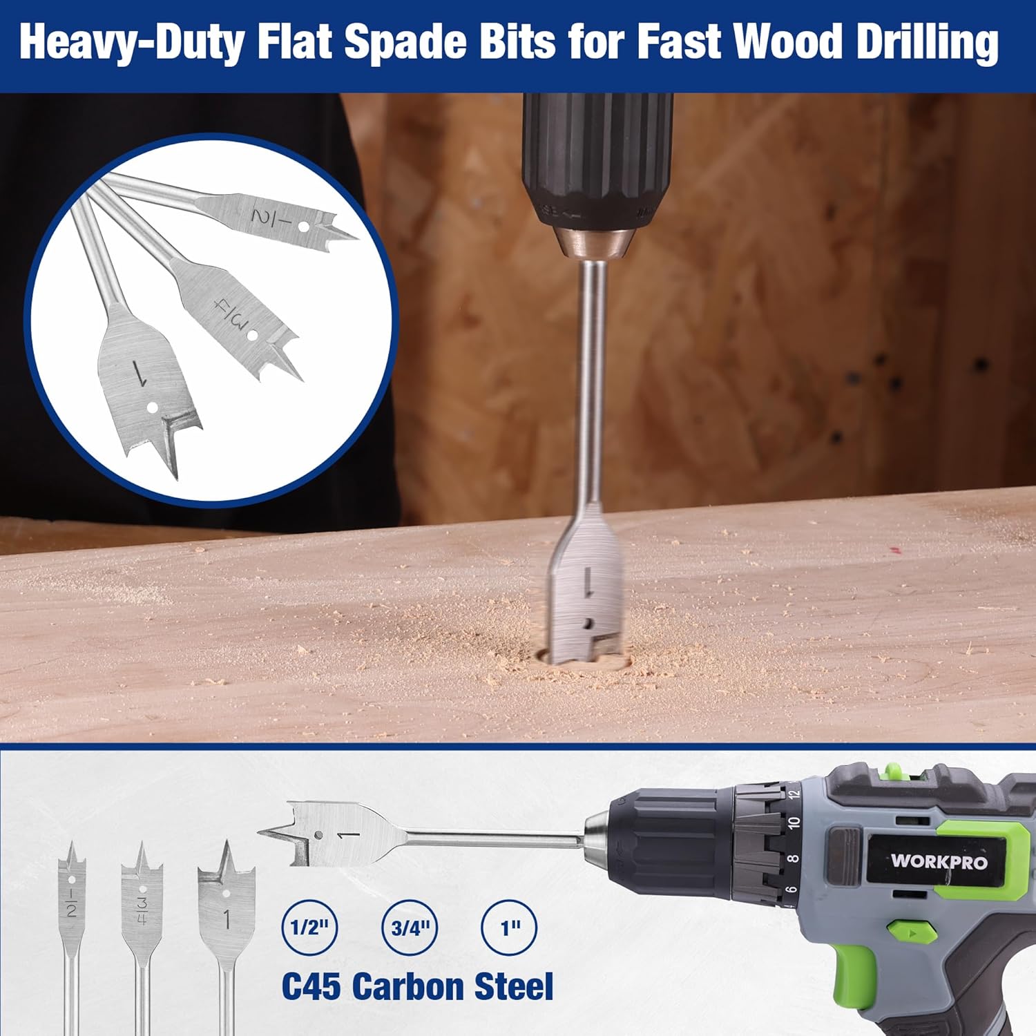 Flat spade drill bit for wood drilling with 1/4-inch hex shank