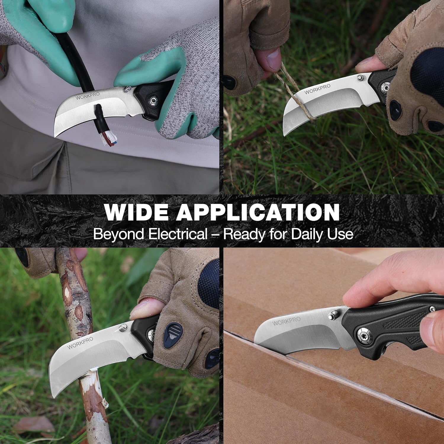 WORKPRO hawkbill folding knife in use, stainless blade with black textured handle.