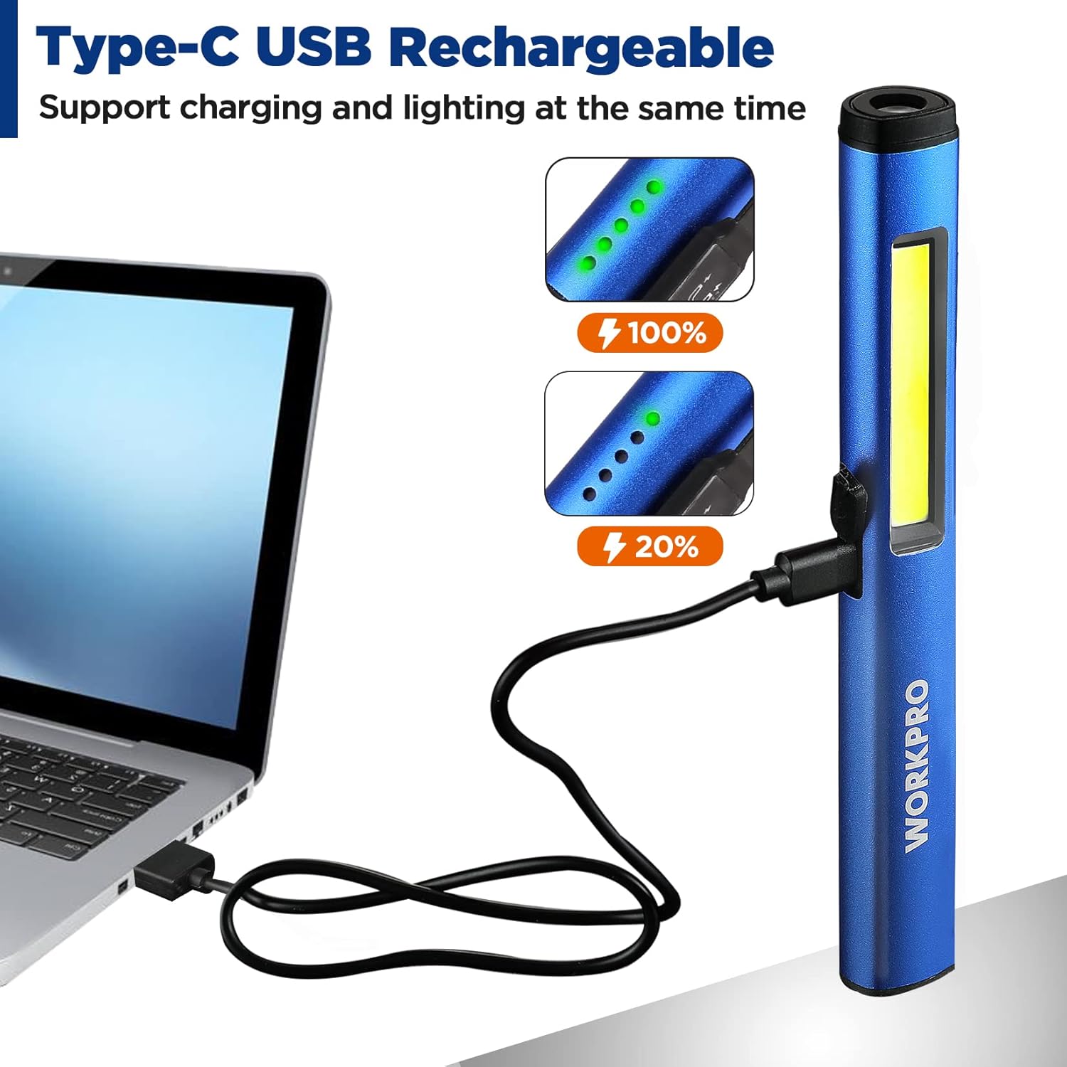 Blue USB Type-C rechargeable penlight with charging cable and battery indicator LEDs