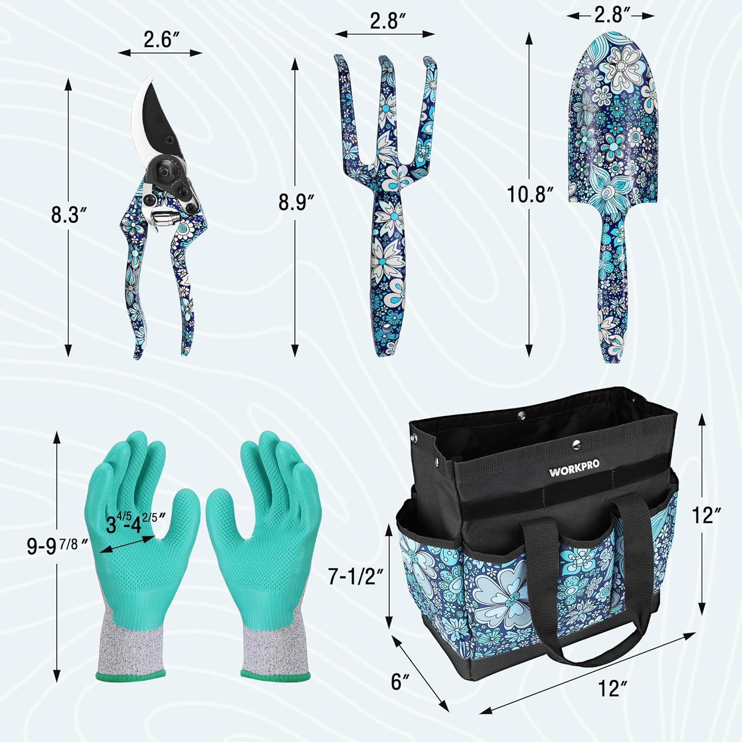 Garden hand tools with blue floral-pattern grips and black metal blades, plus measuring view