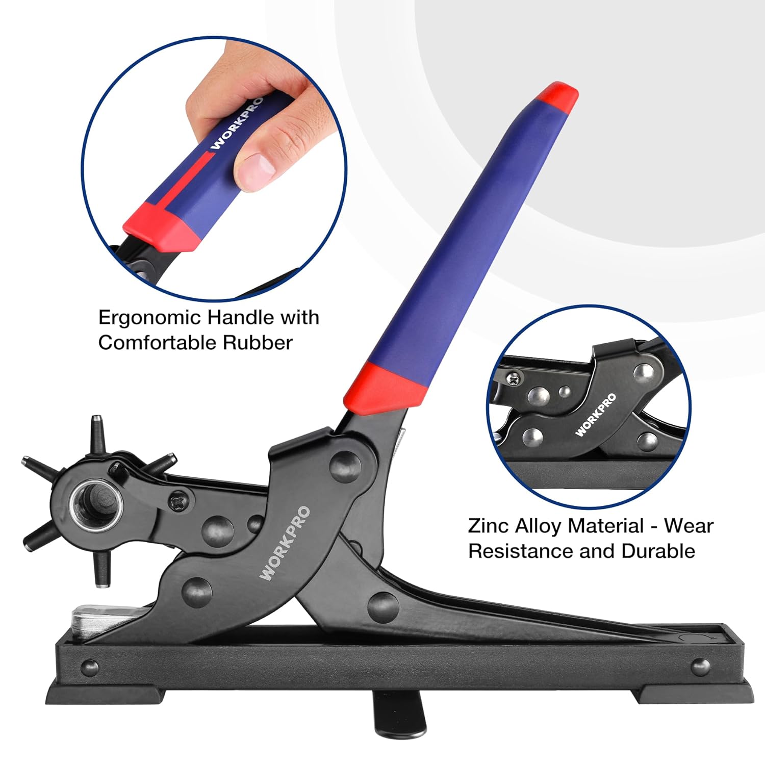 WORKPRO ergonomic handle leather hole puncher with wear-resistant zinc alloy body