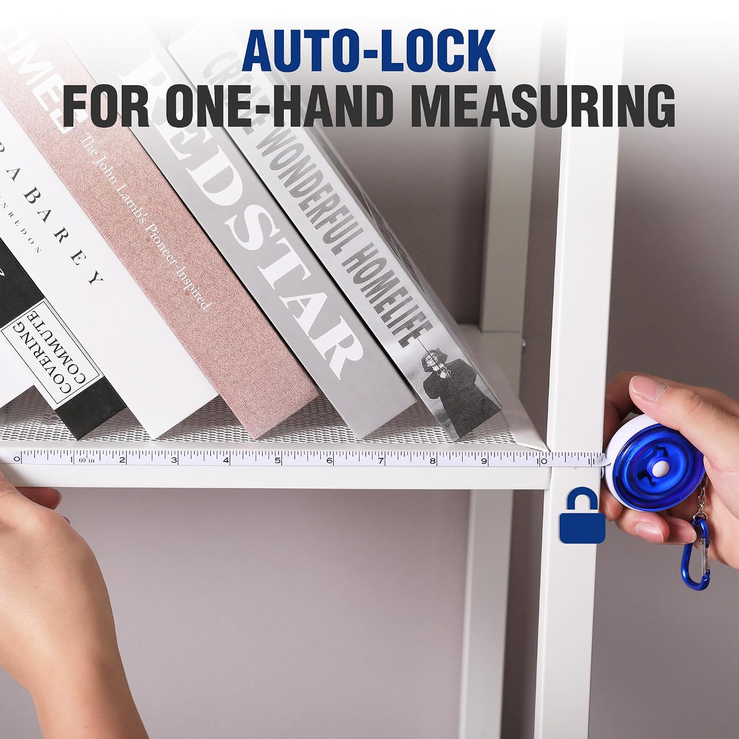 Blue retractable tape measure with auto-lock for one-hand measuring