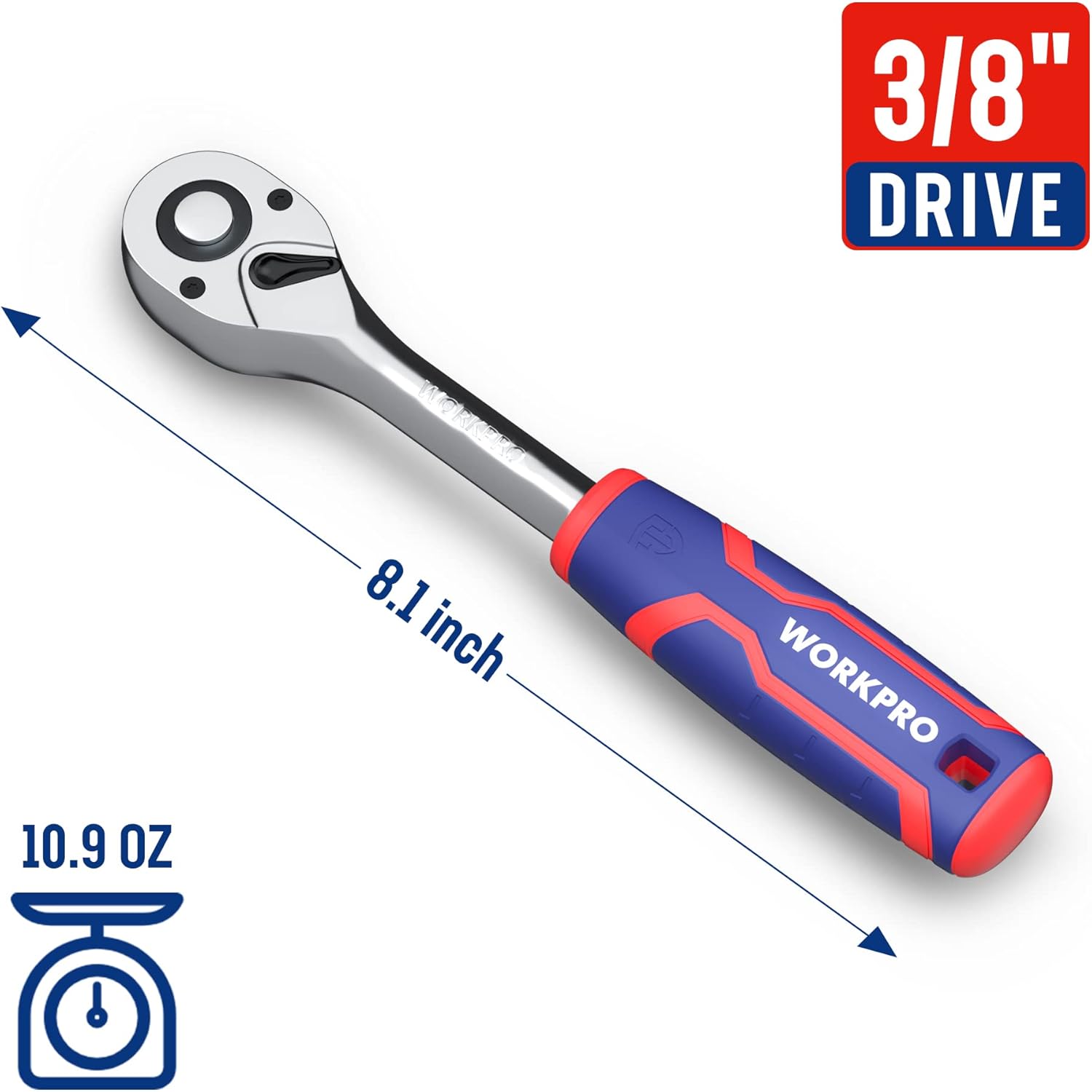 WORKPRO 3/8-in drive ratchet wrench with chrome head and red-blue comfort handle.