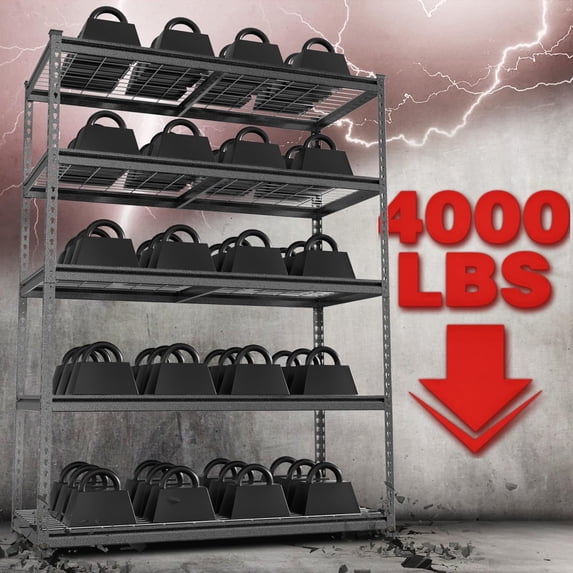 Black heavy-duty metal shelving rack with wire decks and tall side uprights.