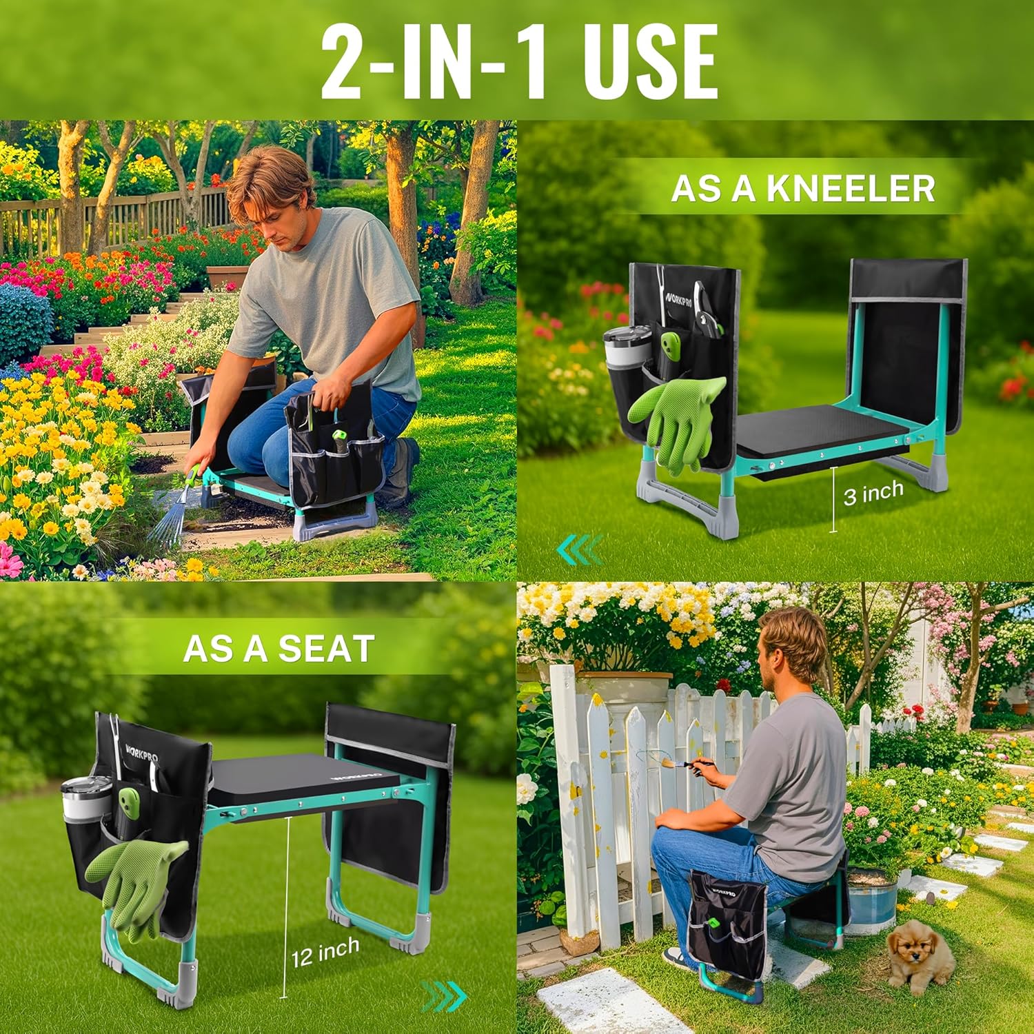 Teal foldable garden kneeler stool with black platform pad and two side tool pouches