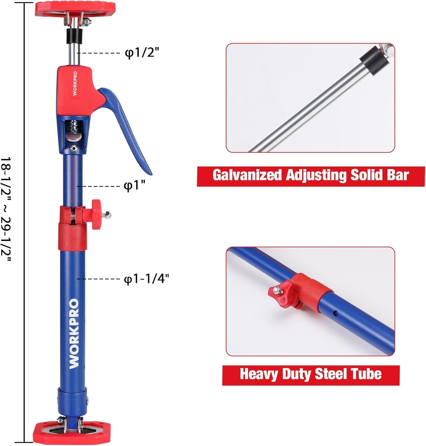 WORKPRO steel telescopic cabinet jack support pole with red handle and blue tube