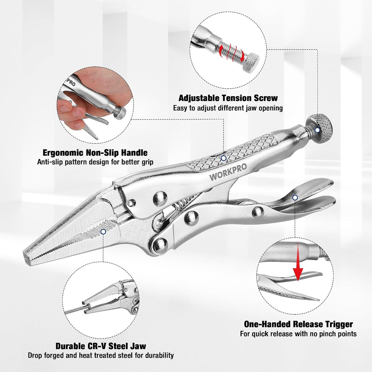 WORKPRO 4-1/2 inch Mini Long Nose Locking Pliers | Chromium-Vanadium Steel Locking Pliers, Locking Adjustable Vise Grips for Clamping Twisting Welding