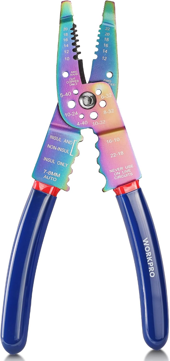 Wire stripper and crimping tool with blue handles and rainbow-coated multi-function jaws