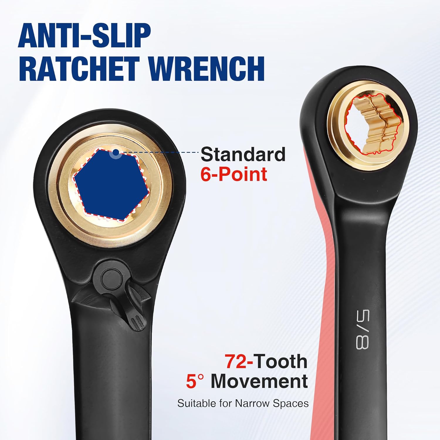 Black anti-slip ratcheting wrench head with gold 6-point ring, 72-tooth ratchet