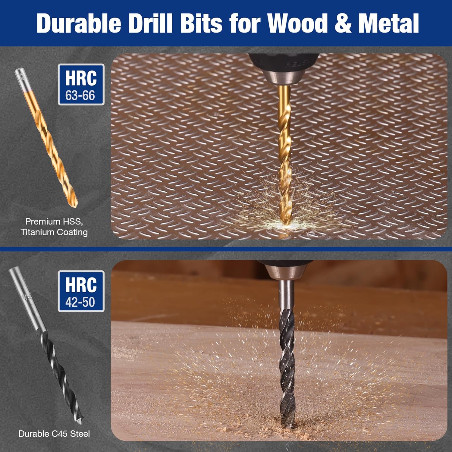 Gold-coated twist drill bit drilling into metal surface