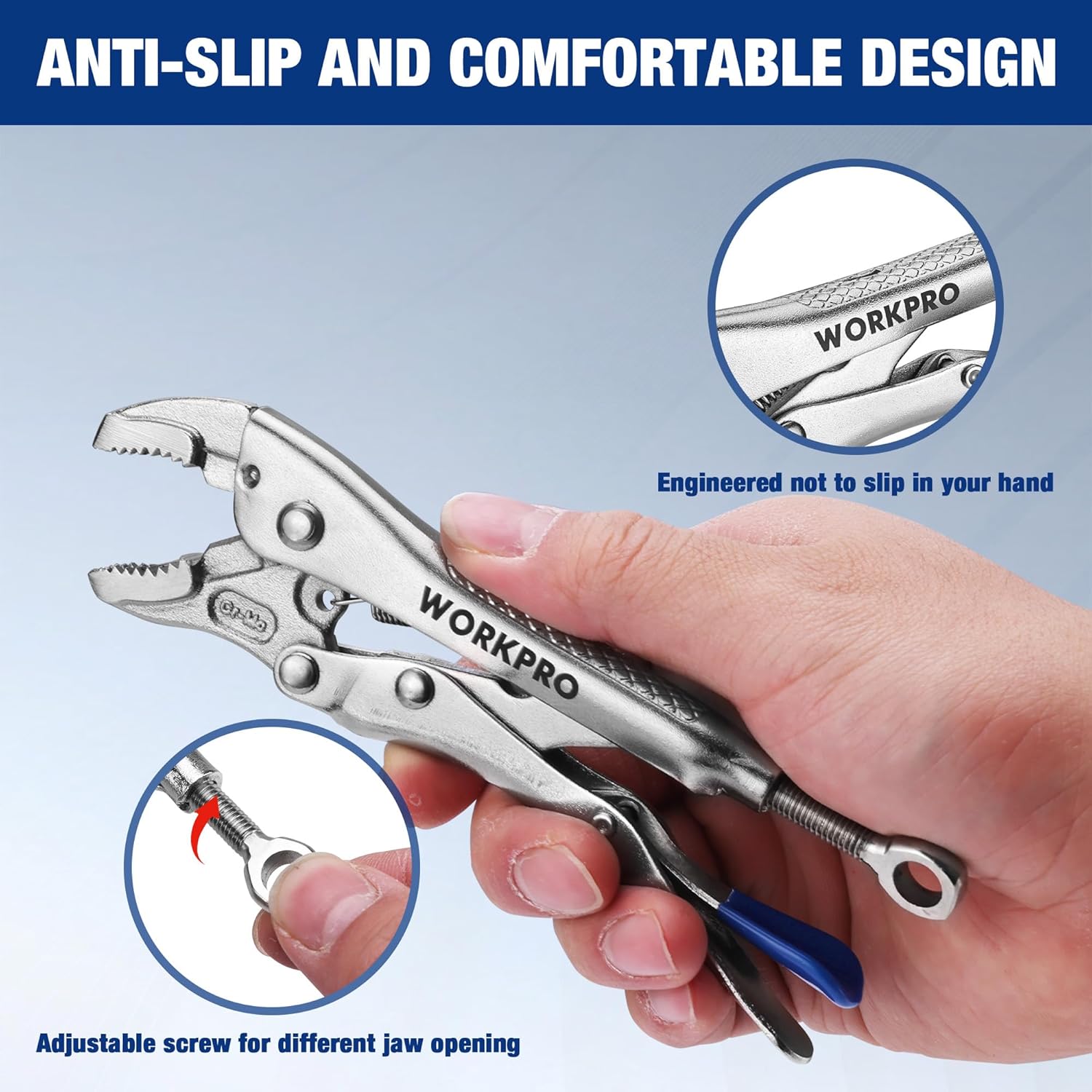 WORKPRO locking pliers with anti-slip grip and adjustable screw for jaw opening
