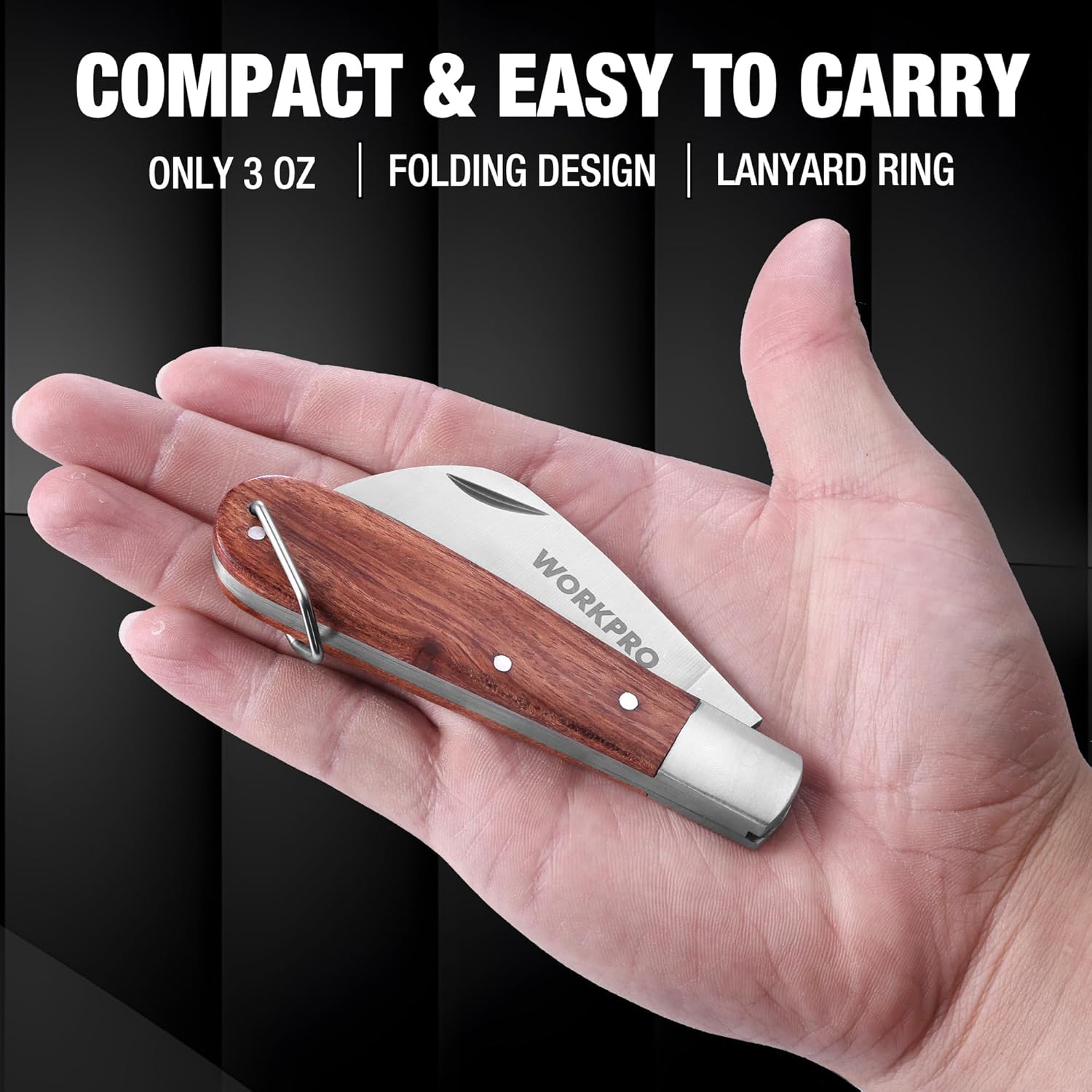 Compact folding utility knife with wood handle and lanyard ring, open blade
