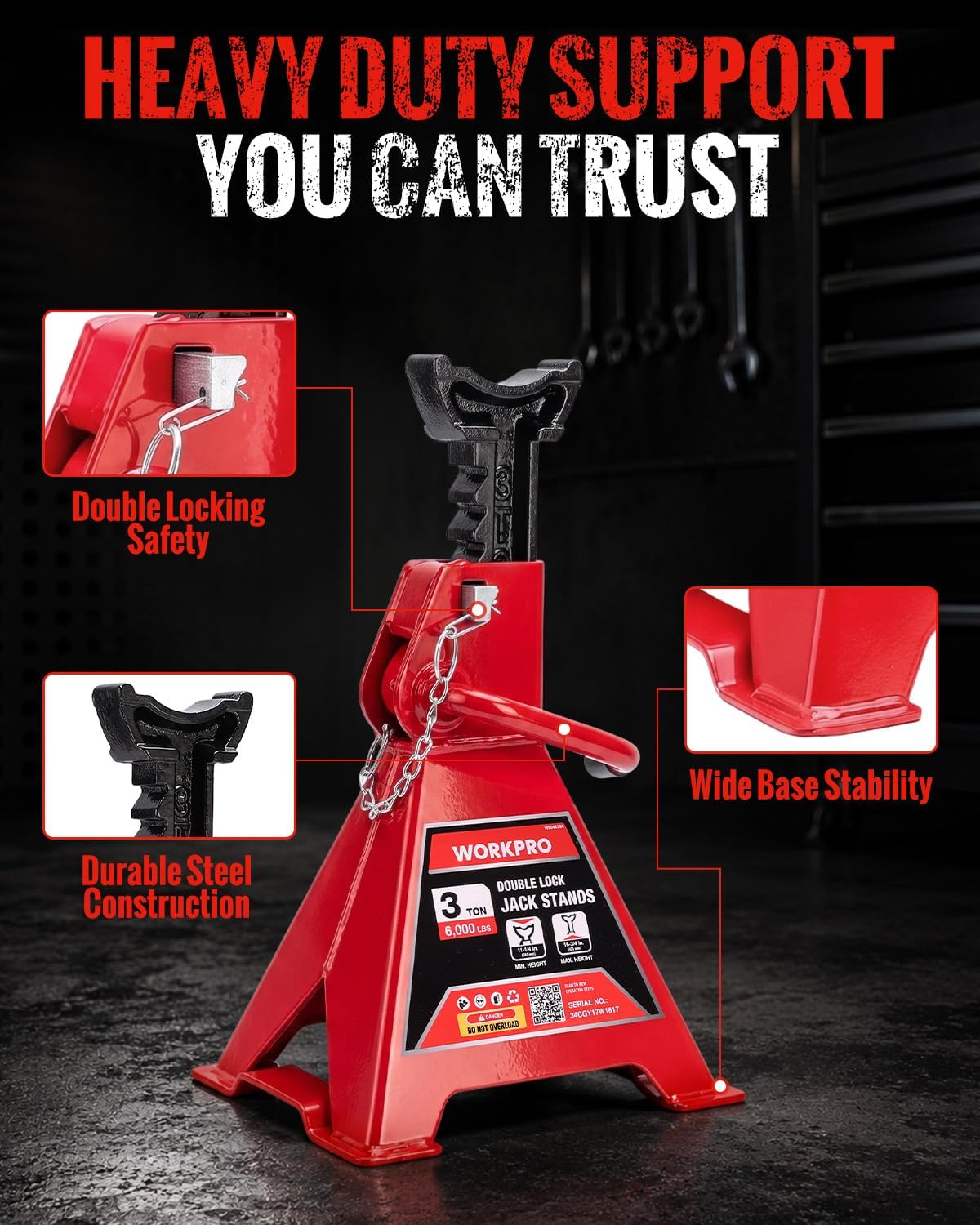 WORKPRO 3 Ton Jack Stands with Double Lock, 6000 LBS Capacity, 1 Pair