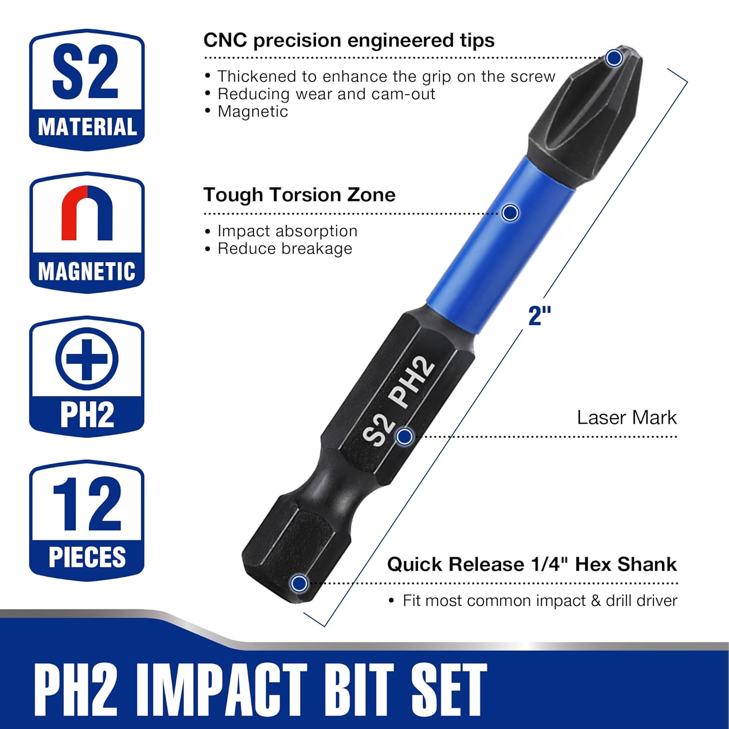 PH2 impact bit with blue shaft and black tip, 1/4 in hex shank