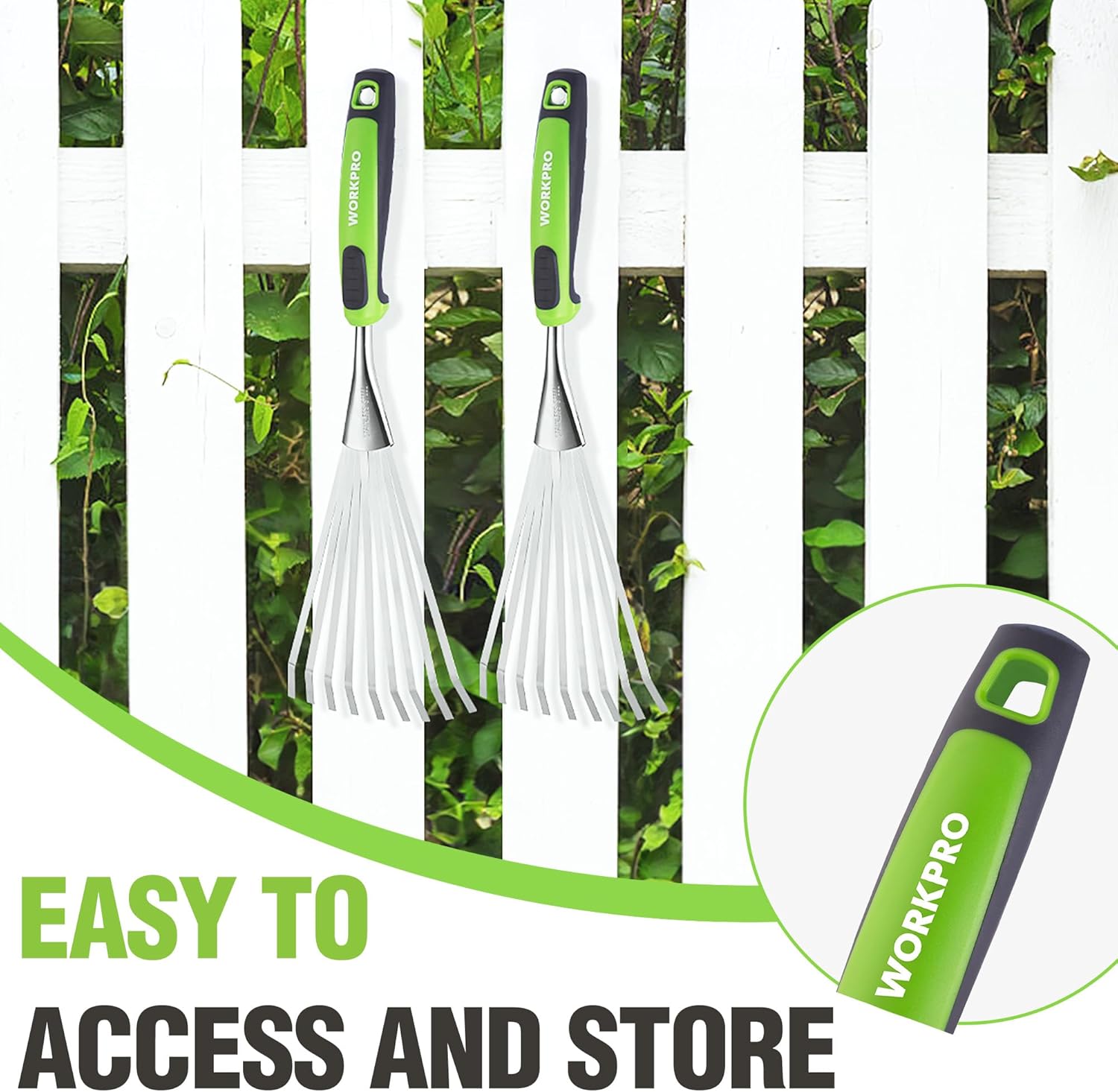 Pair of green-and-black hand rakes with stainless steel tines for yard cleanup