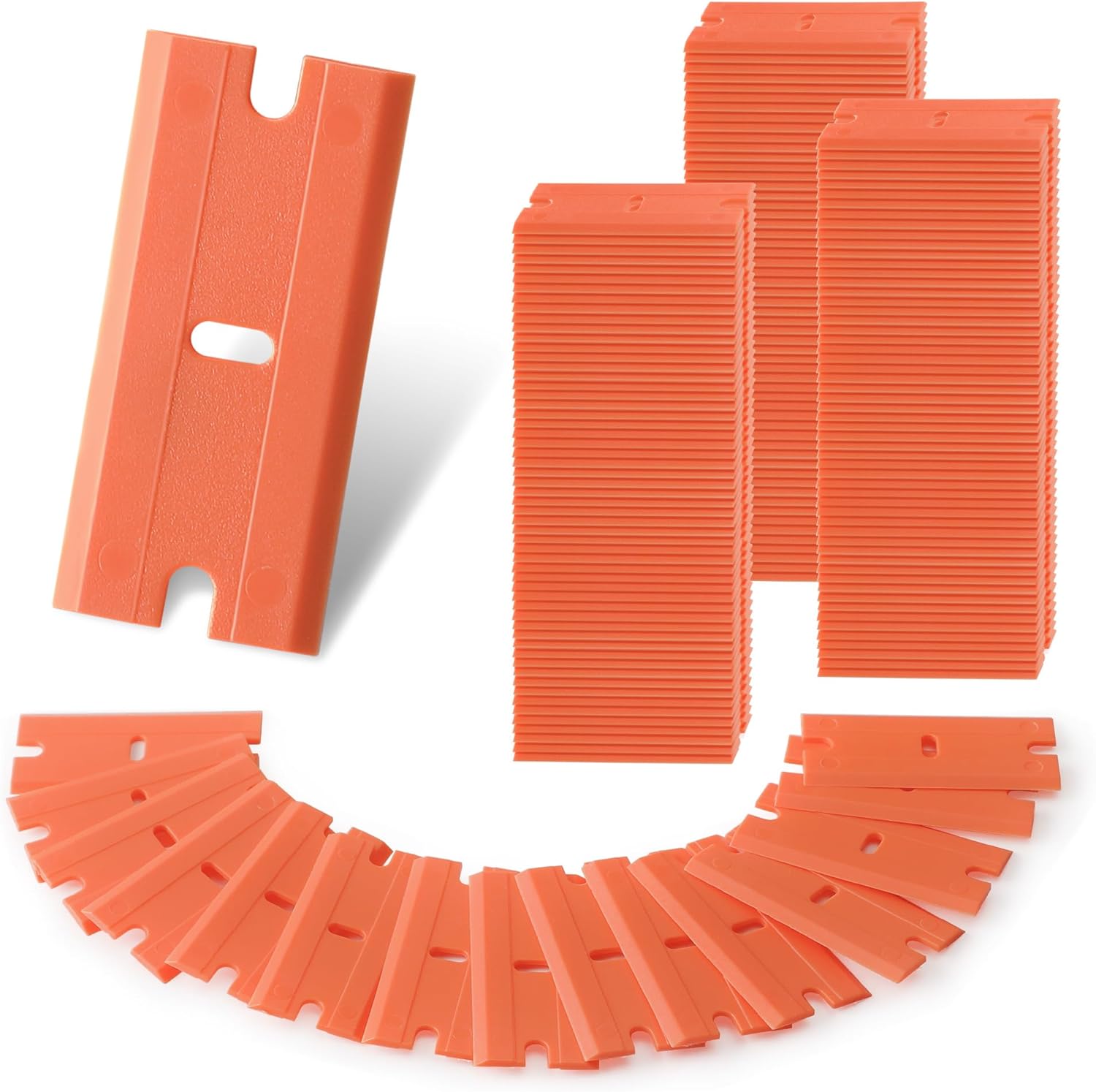 Double-edge plastic razor scraper blade refills, orange, stacked in a fan pack