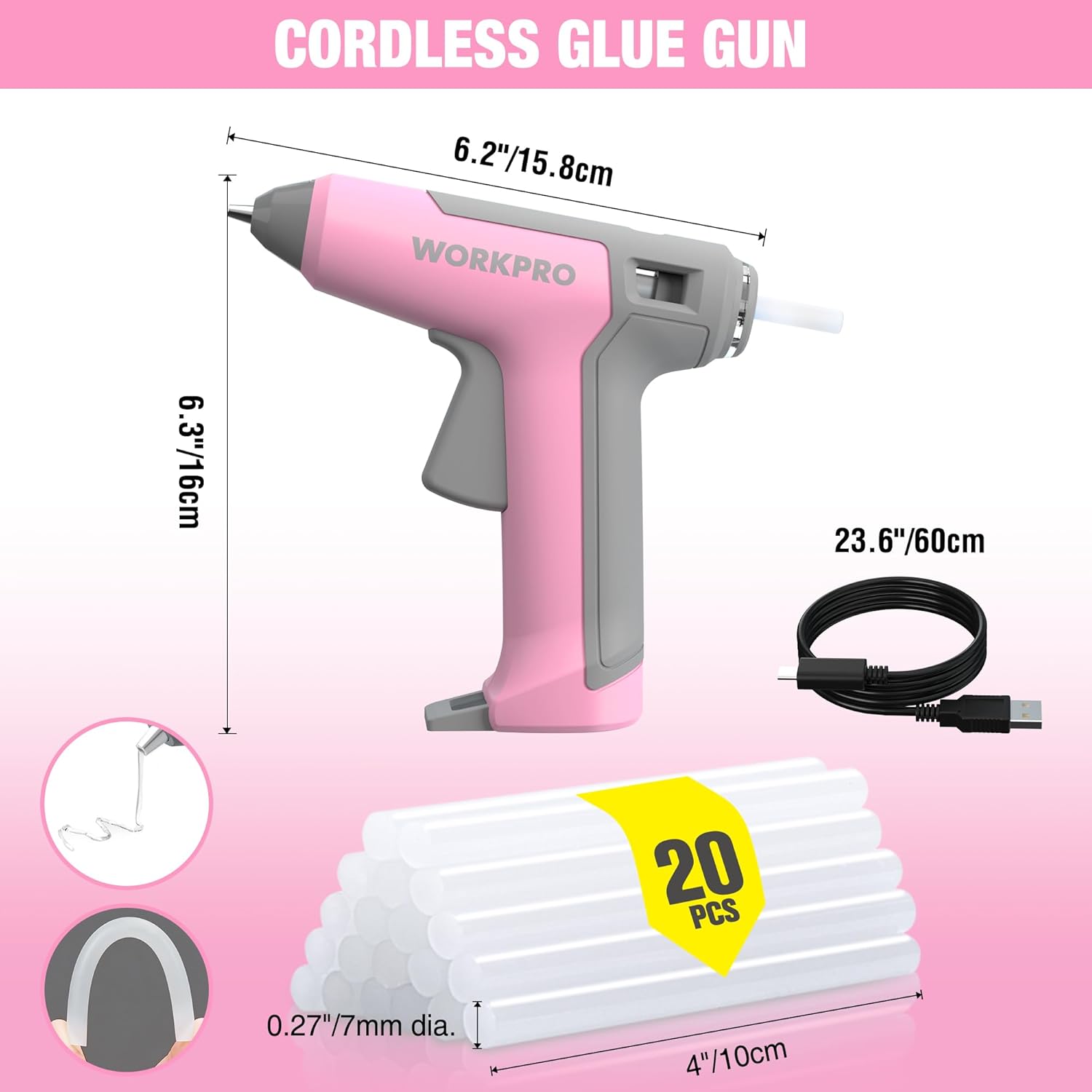 WORKPRO pink cordless mini hot glue gun with stand and 20 mini glue sticks