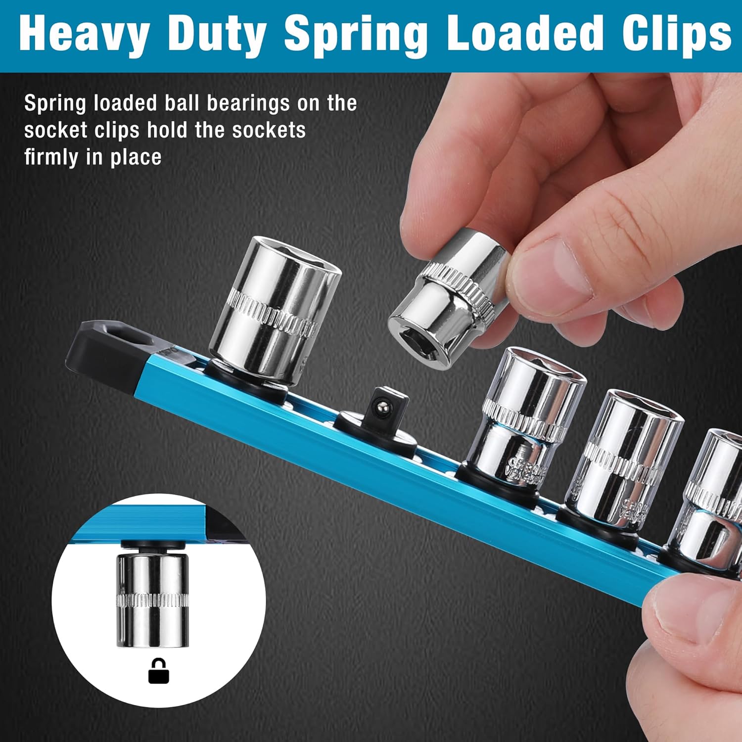 Sky blue magnetic socket rail with spring-loaded clips shown with a socket being placed