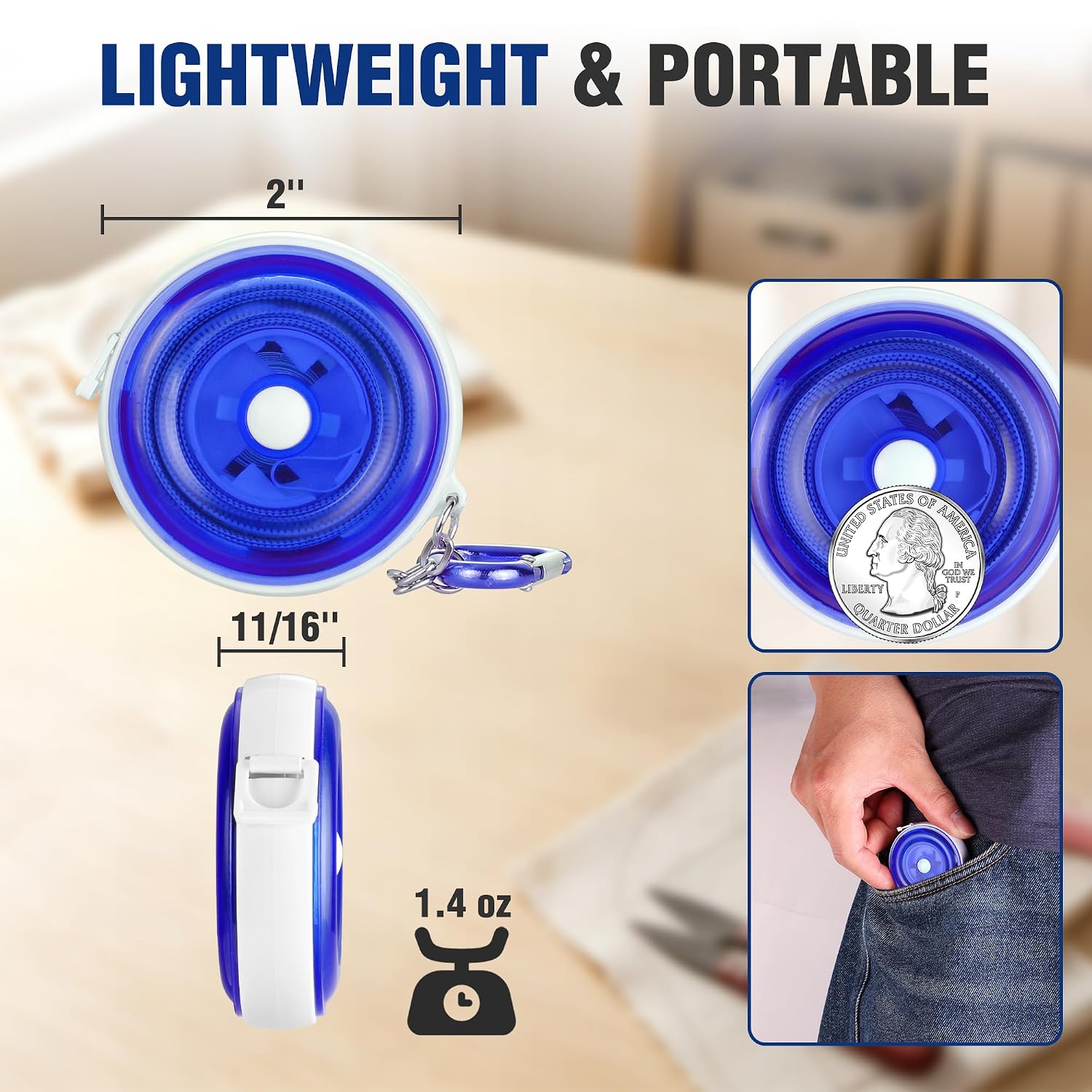 Compact blue retractable measuring tape with carabiner clip