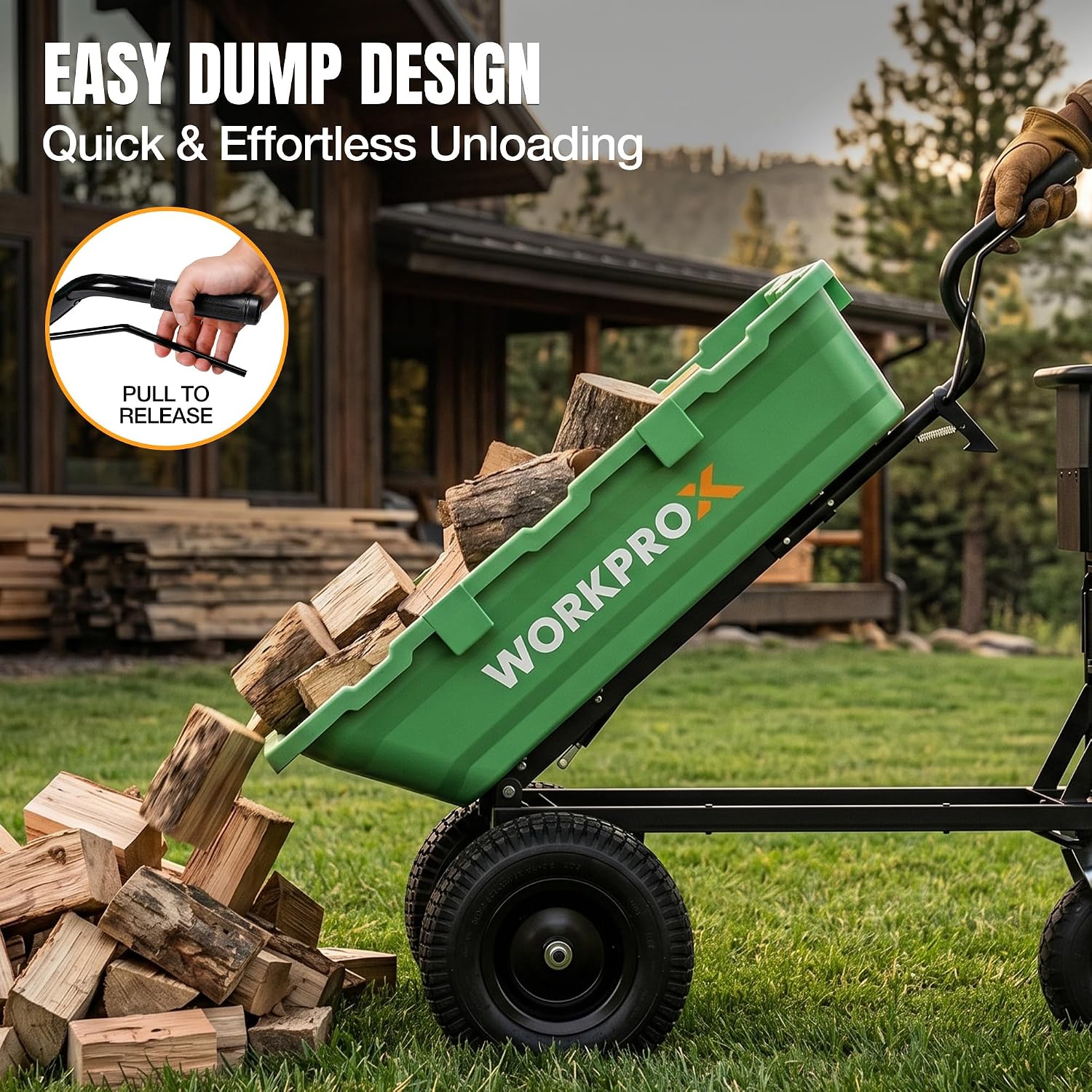 WORKPROX green electric wheelbarrow with tilting bin and release handle near stacked firewood