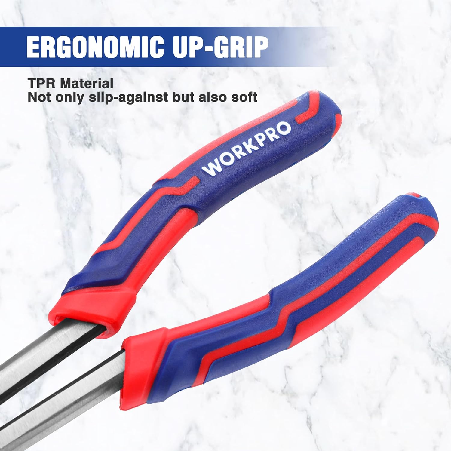 Ergonomic up-grip needle nose pliers with blue and red soft-touch handles
