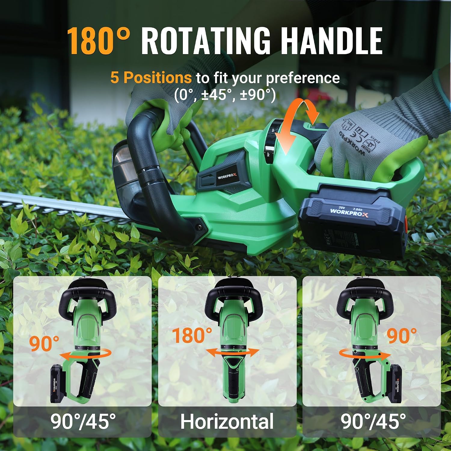 Green cordless hedge trimmer with 180° rotatable handle and black front guard