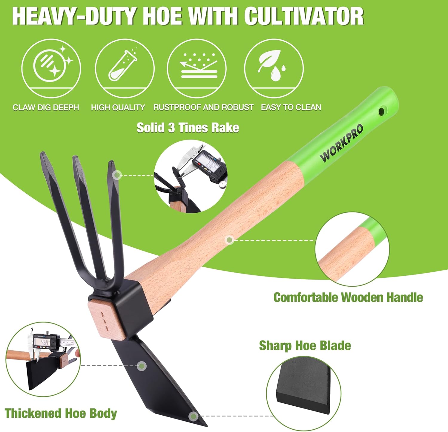 Garden hoe and cultivator with green sleeve, wooden handle, black three-tine rake and sharp blade