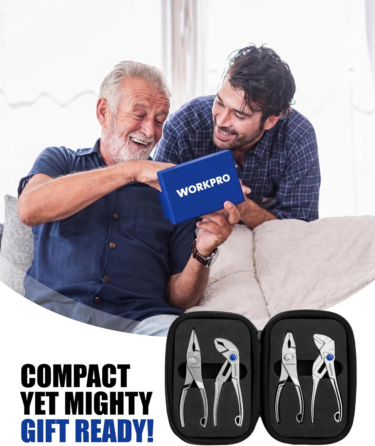 Mini pliers set in a black zip pouch, featuring four compact metal tools with blue accents